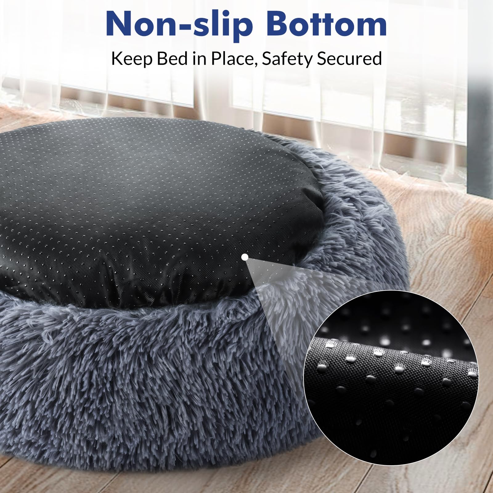 Rabbitgoo Cat Beds For Indoor Cats, 24 Inches Cat Bed Machine Washable, Fluffy Round Pet Bed Non-Slip, Calming Soft Plush Donut Cuddler Cushion Self Warming For Small Dogs Kittens, Dark Grey, Large