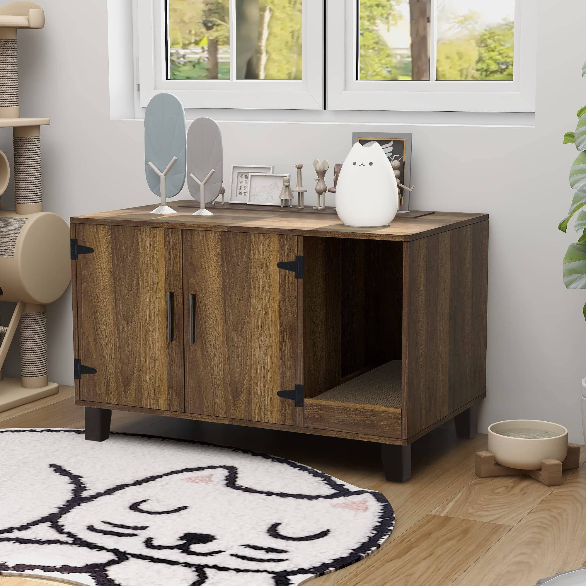 Taohfe Litter Box Enclosure Cat Litter Box Furniture Hidden With Cat Scratch Pad Decorative Farmhouse Wooden Hidden Litter Box Cat House Litterbox Furniture Cat Box Furniture Litterbox Cabinet