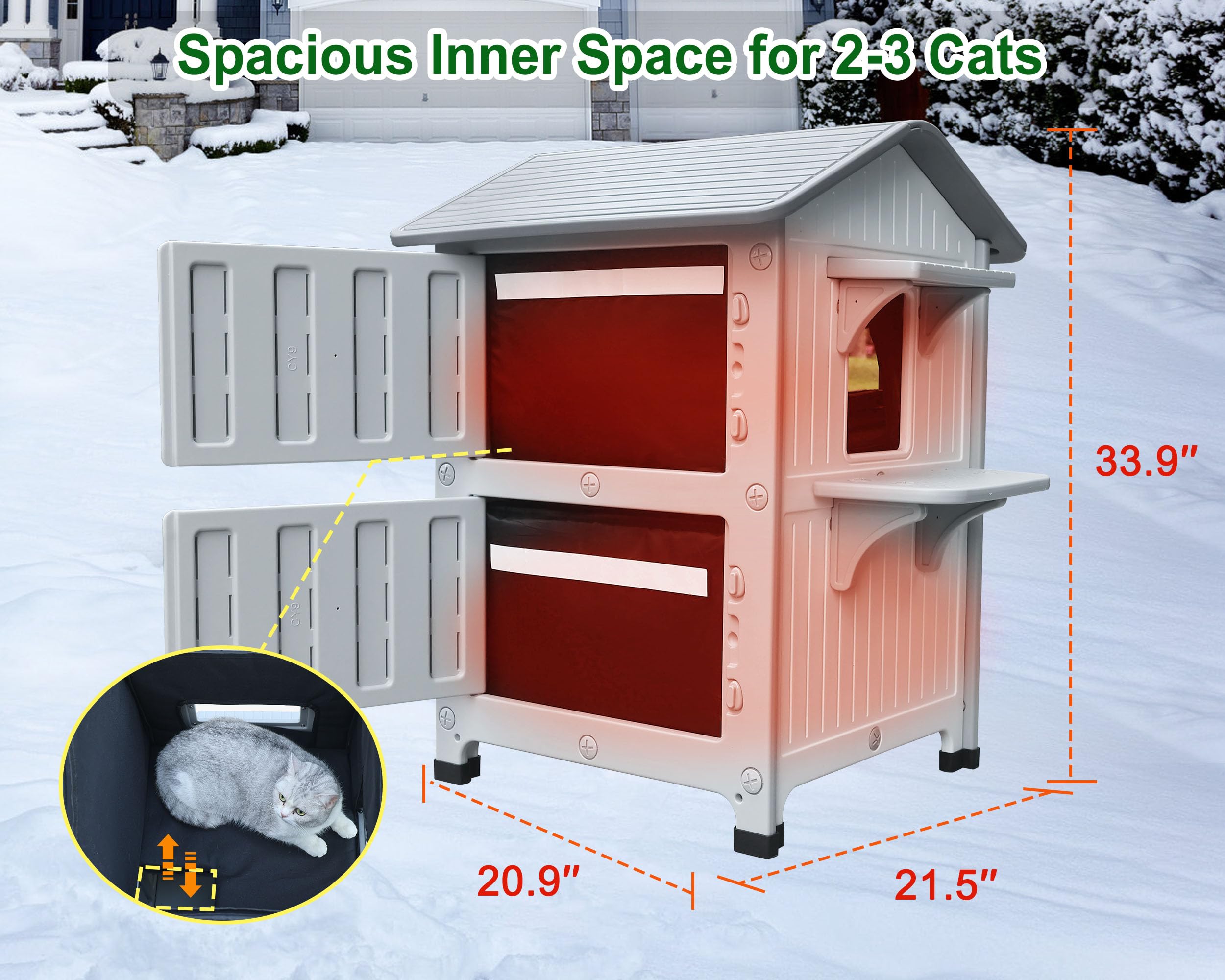 Rockever Plastic Outdoor Cat House With Insulated Liner, 100% Insulated Outdoor Cat Houses For Winter, Waterproof 2 Story Outsid