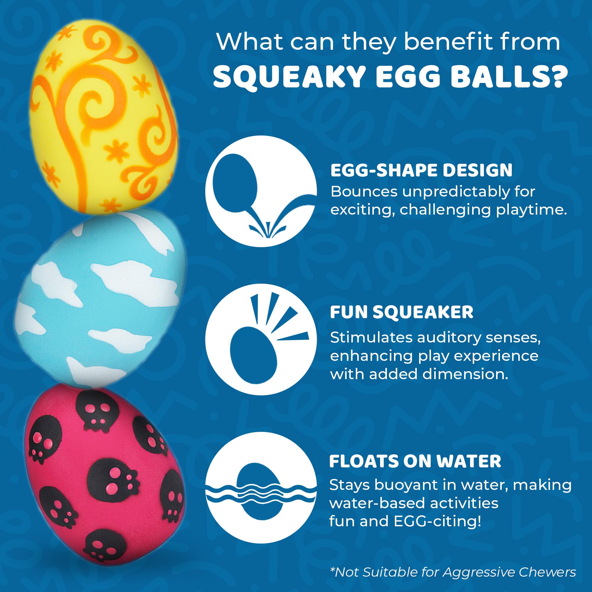 Sungrow Squeak Balls For Dogs, Companion For Puppies And Small Breeds, 3 Assorted Easter Egg Designs, Indoor, Outdoor Interactiv