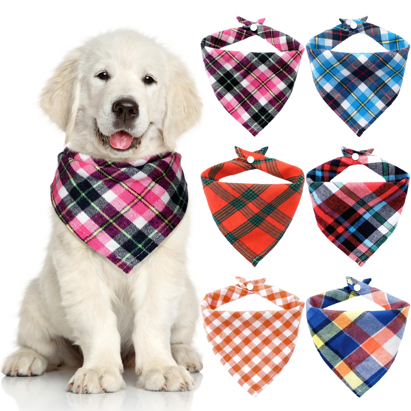 6 Pieces Triangle Dog Bandana Dog Scarf Plaid Printing Adjustable Bibs Scarf Washable Square Kerchief Bandana Set For Small To L