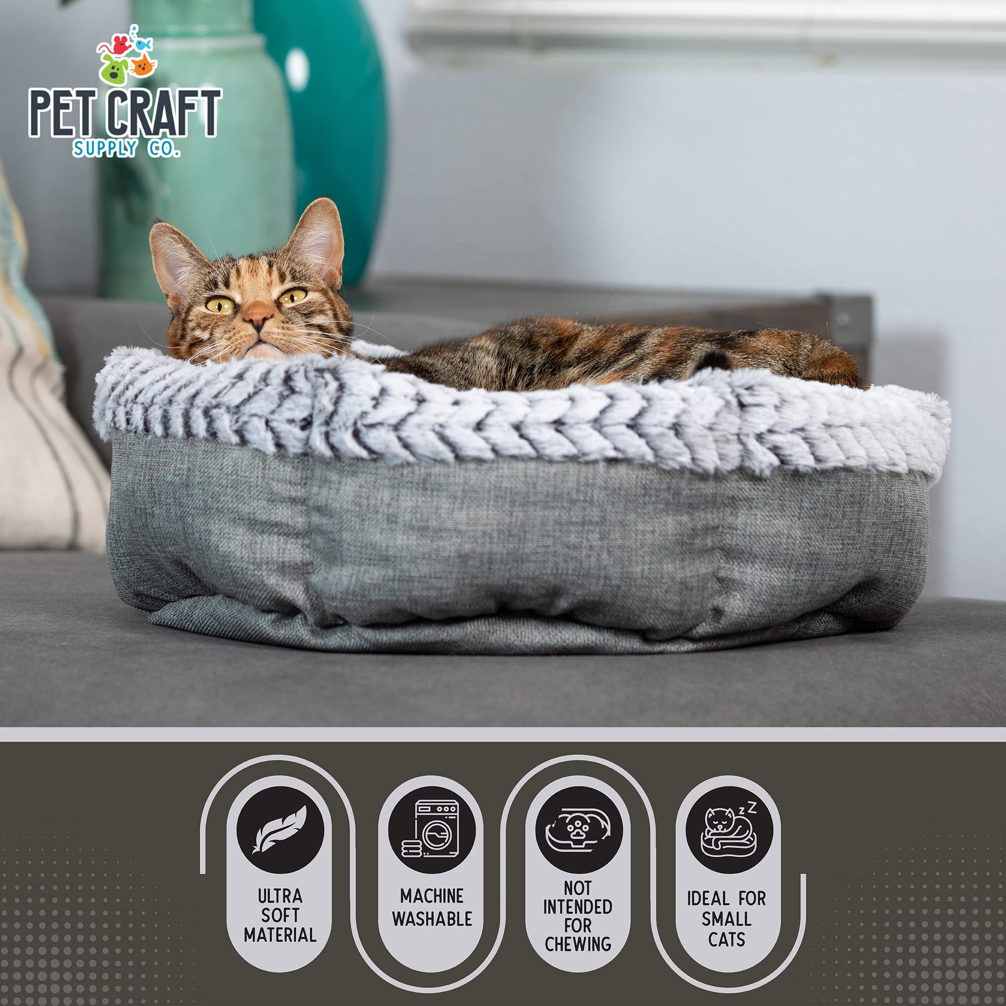 Pet Craft Supply Soho Round Cat Bed For Indoor Cats, Ultra Soft Plush, Memory Foam, Machine Washable, Calming Cat Bed