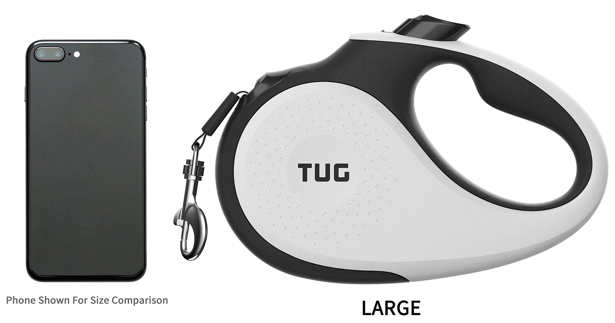 Tug 360?Tangle-Free Retractable Dog Leash | 16 Ft Strong Nylon Tape | One-Handed Brake, Pause, Lock (Large, White)