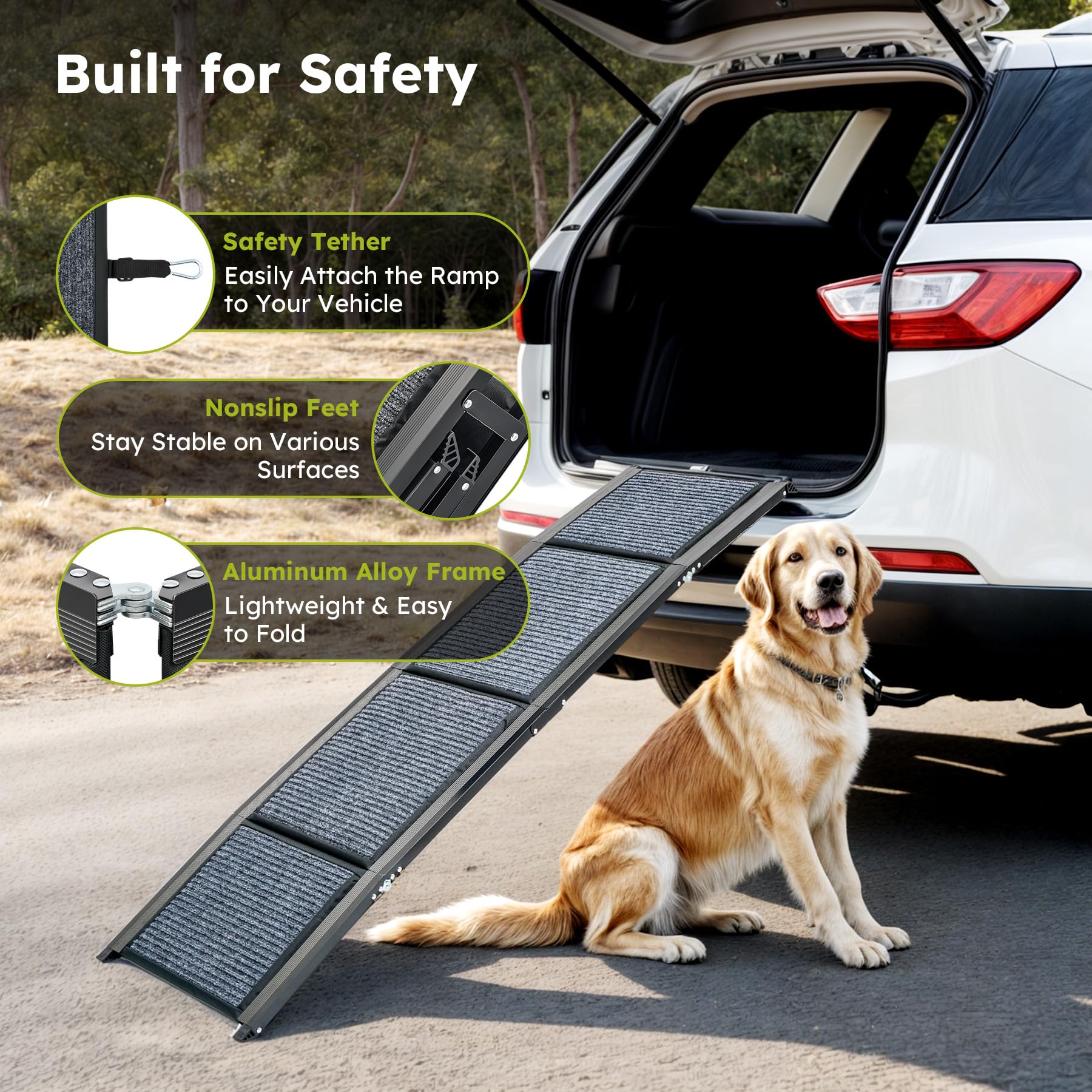 Cwawz Dog Ramp For Car, 67'' Folding Pet Ramp For Large Dogs Up To 200 Lb, 17'' Wide Car Ramp For Dog, Portable Pet Stair Ramp W