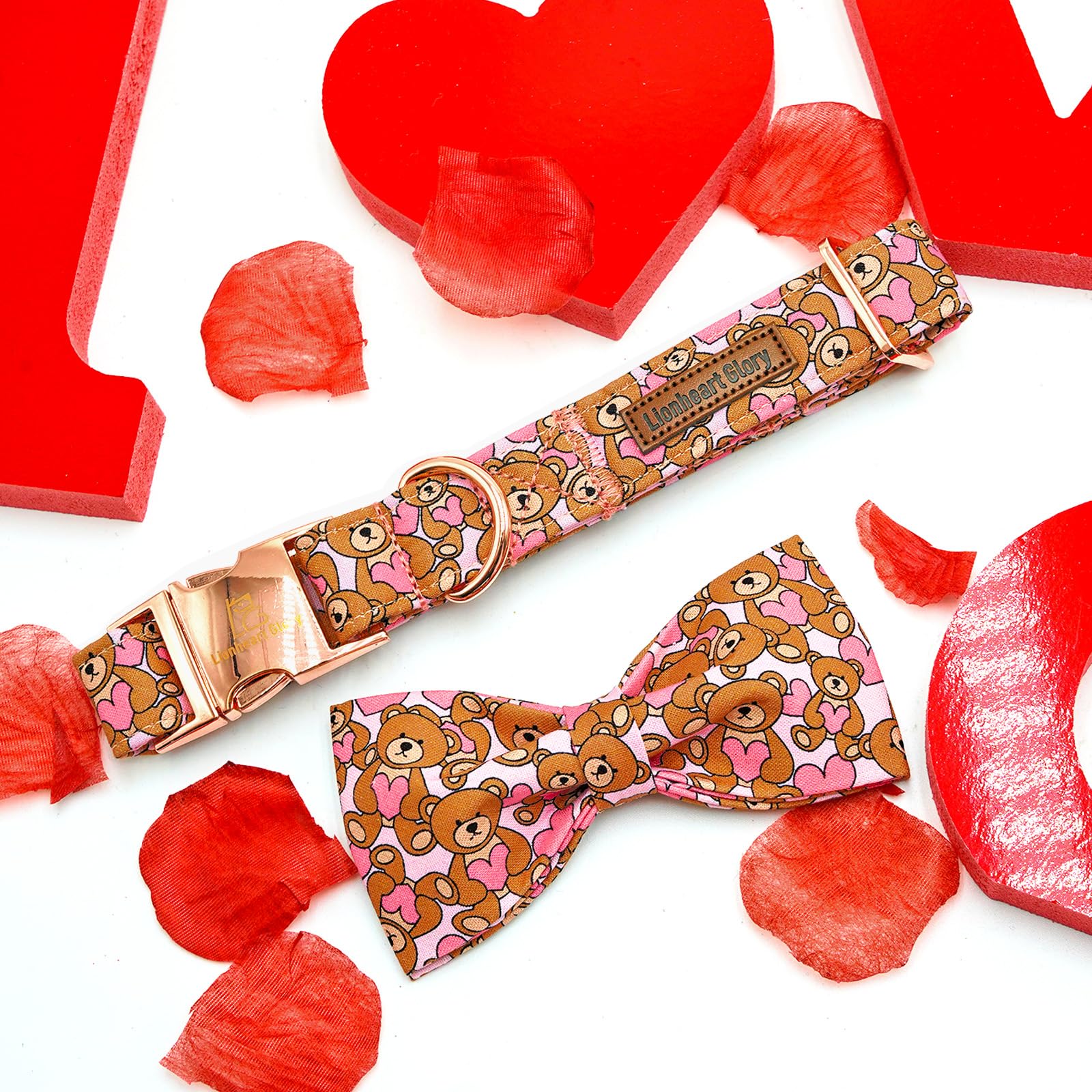 Lionheart Glory Dog Bow Collar Valentine'S Day Dog Collar For Large Dogs Hearts Bear Dog Collar With Bowtie Spring Pink Dog Coll