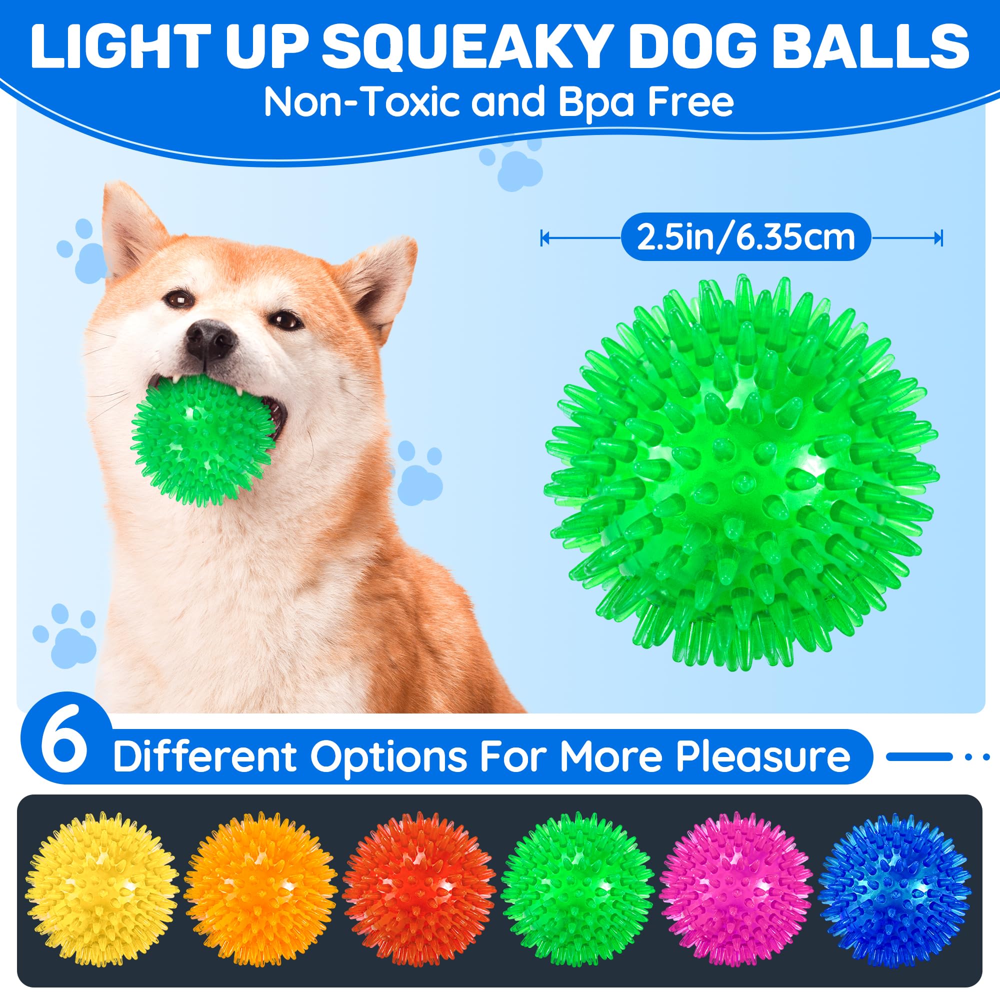 Ousiya 6 Pack 2.5 Light Up Squeaky Dog Balls - Spiky Dog Toy for Small & Medium Dogs, Perfect for Playtime and Exercise