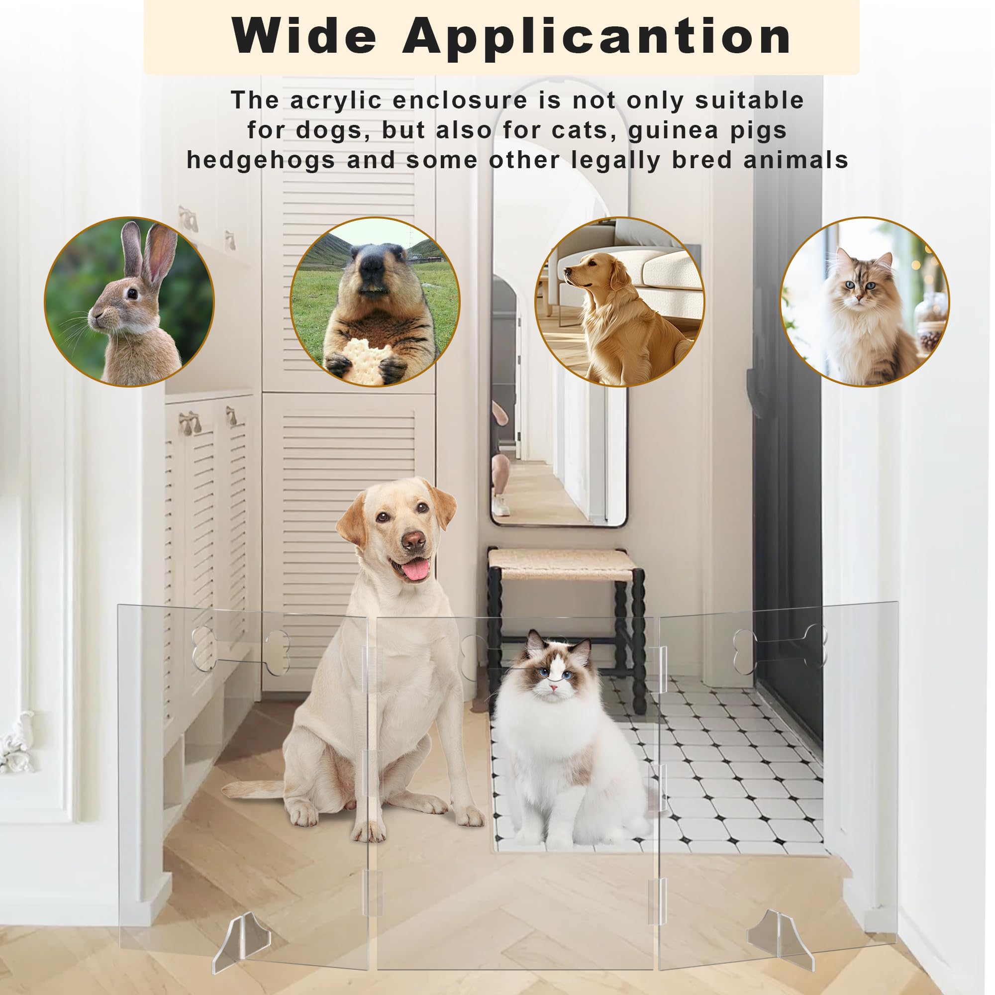 HotSoul Clear Acrylic Dog Gate - 4 Panel Freestanding Pet Playpen, 80" W x 24" H, Foldable Indoor Barrier with Handle