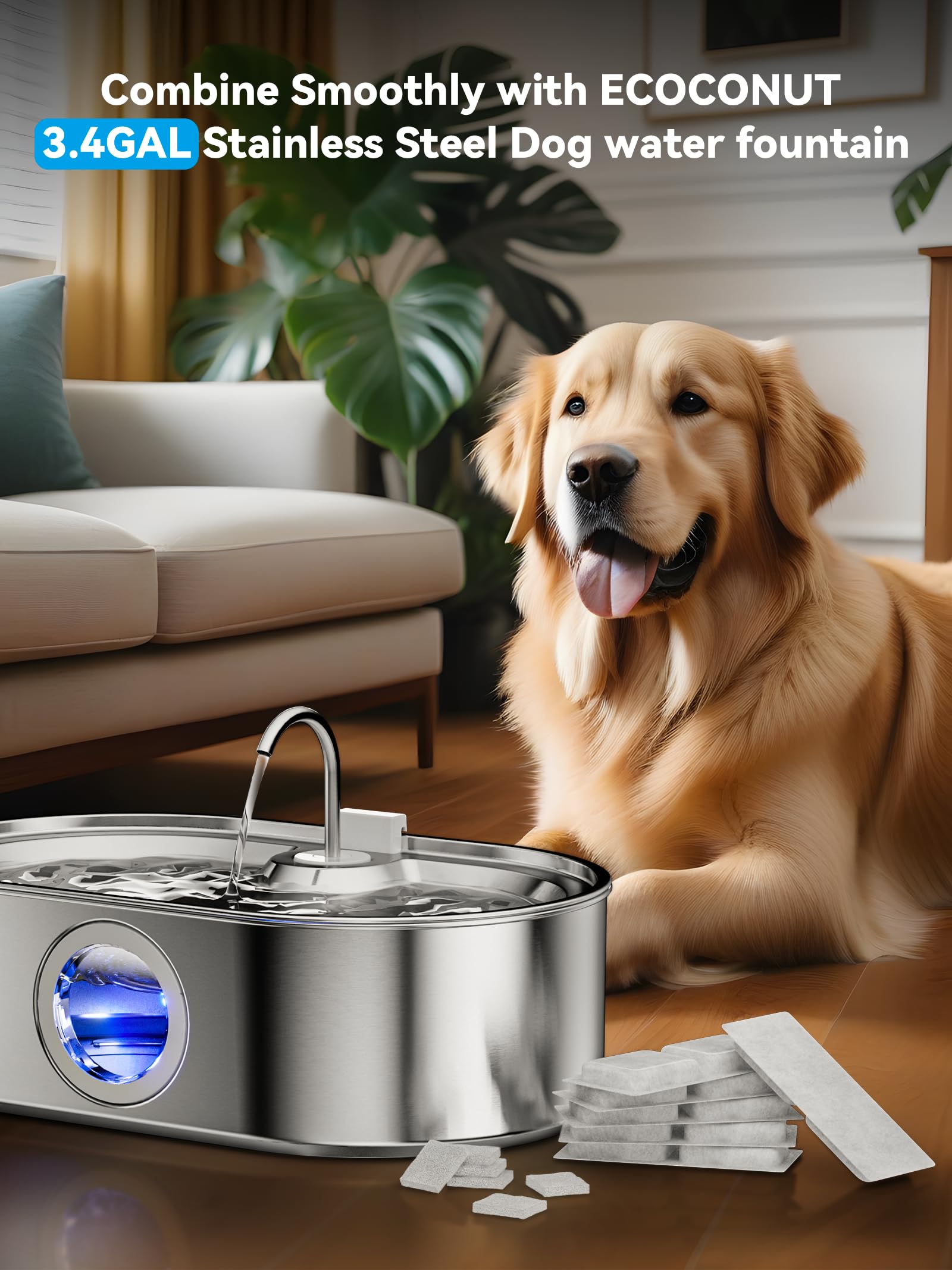 3.4Gal Dog Water Fountain For Large Dogs, 13L Stainless Steel Large Pet Fountain With Deeper & Wider Drinking Area, Automatic Do