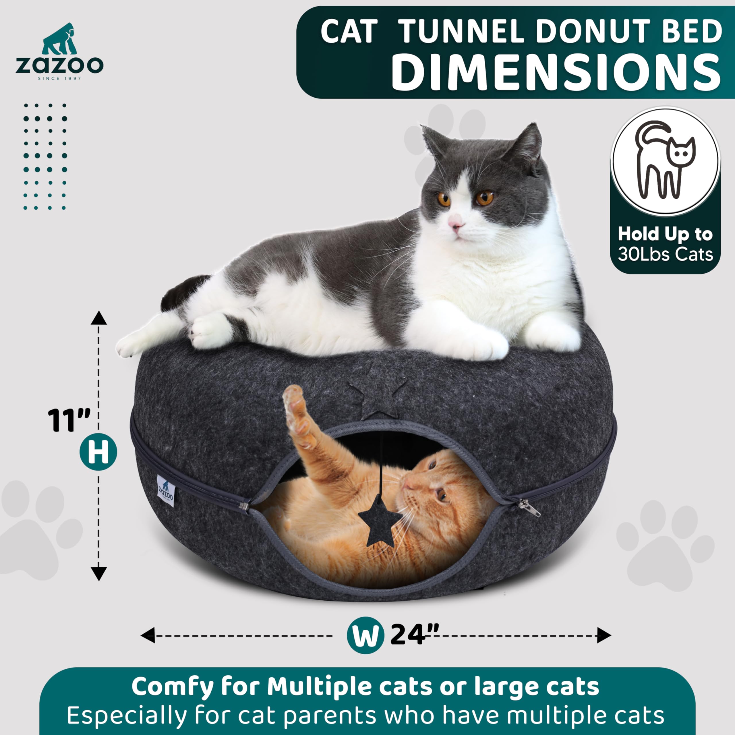 Zazoo Large Cat Tunnel For Indoor Cats - 2-In-1 Donut Cat Cave With Feather Toy & Peek Holes | Scratch-Resistant, Washable, Cozy