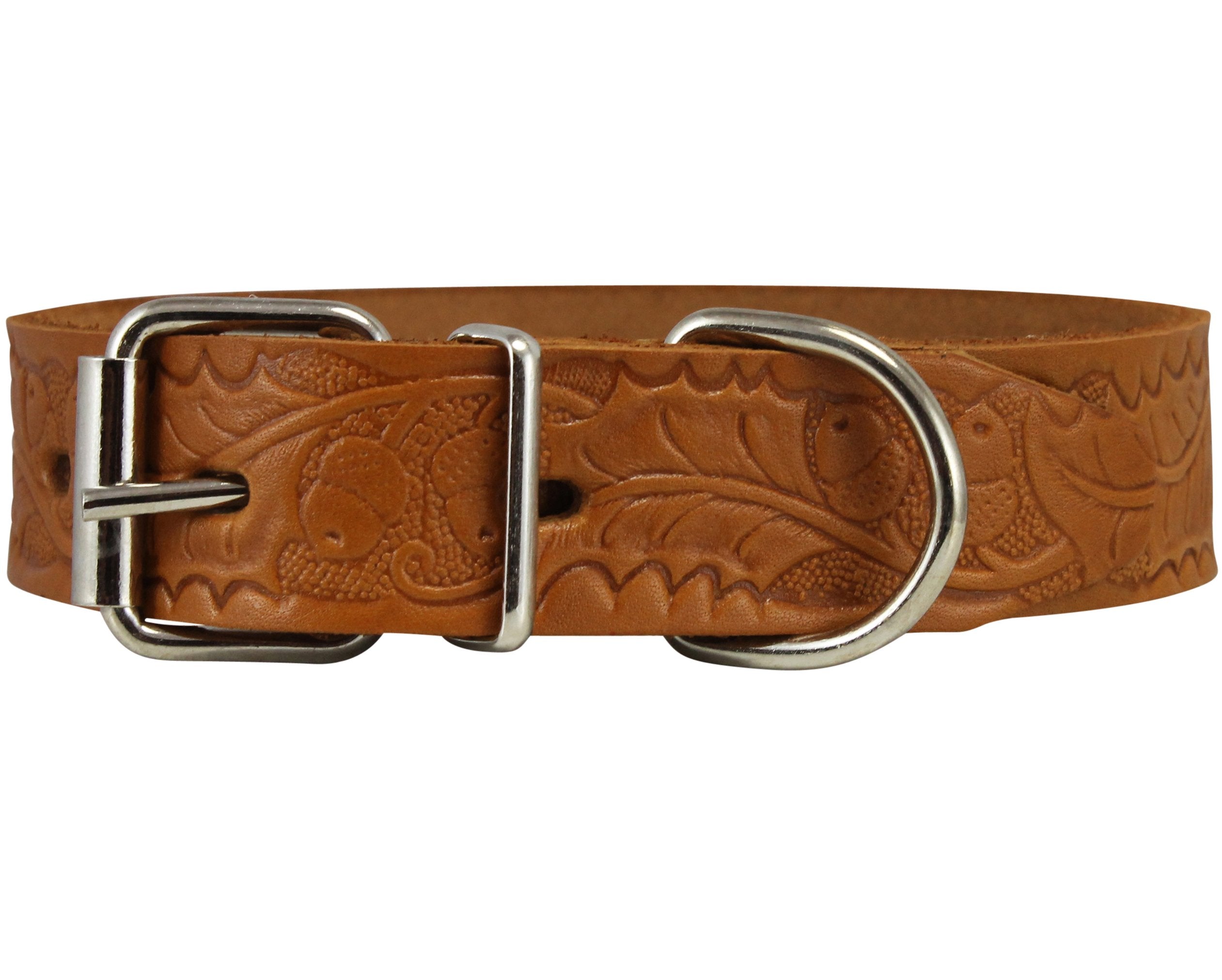 Genuine Tooled Leather Dog Collar Floral Pattern Tan 3 Sizes (Neck Circumf: 10.5'-14'; 1' Wide)