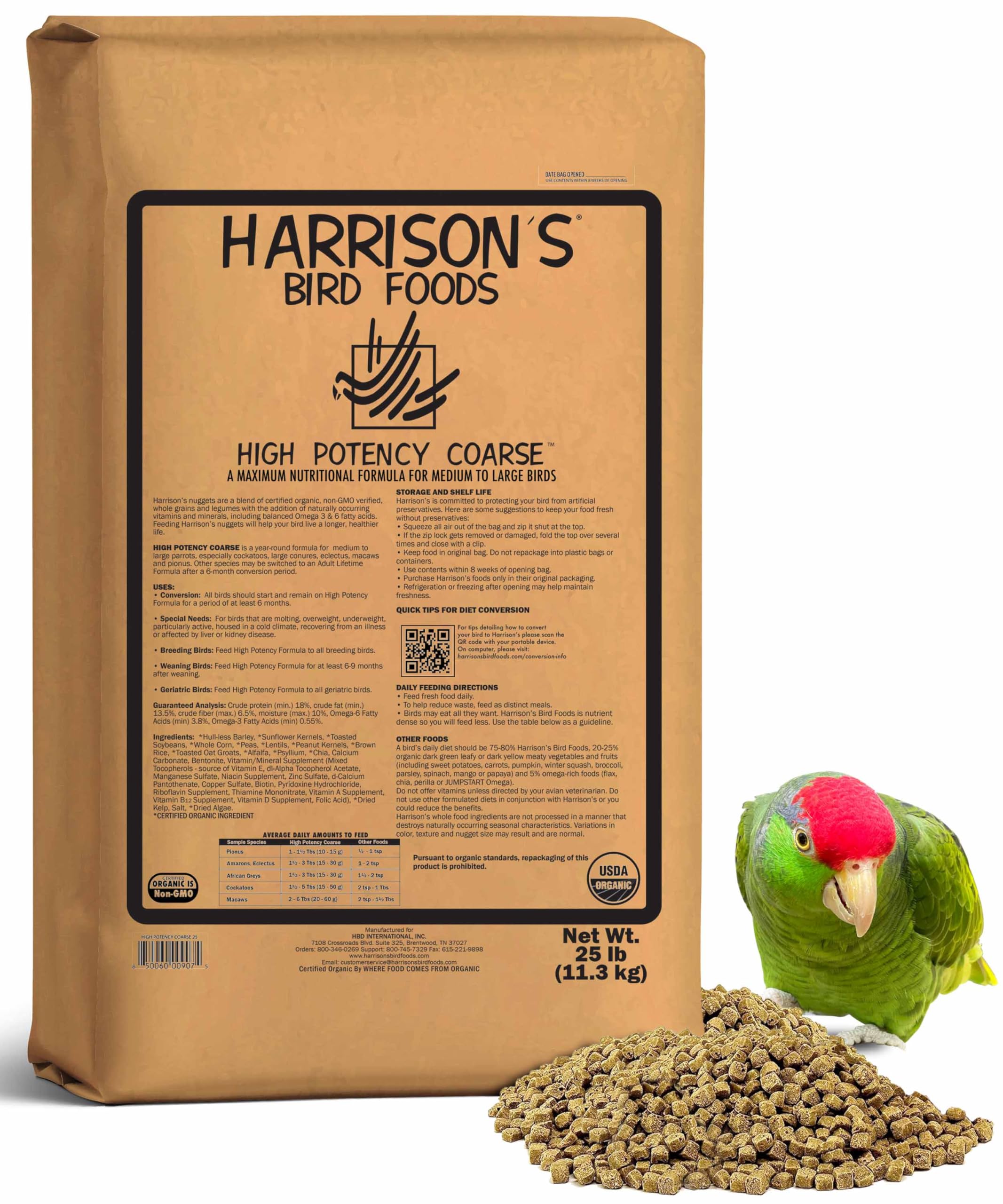 Harrisons Bird Foods High Potency Coarse Certified Organic Non GMO Formula Pet Bird Food 25lb