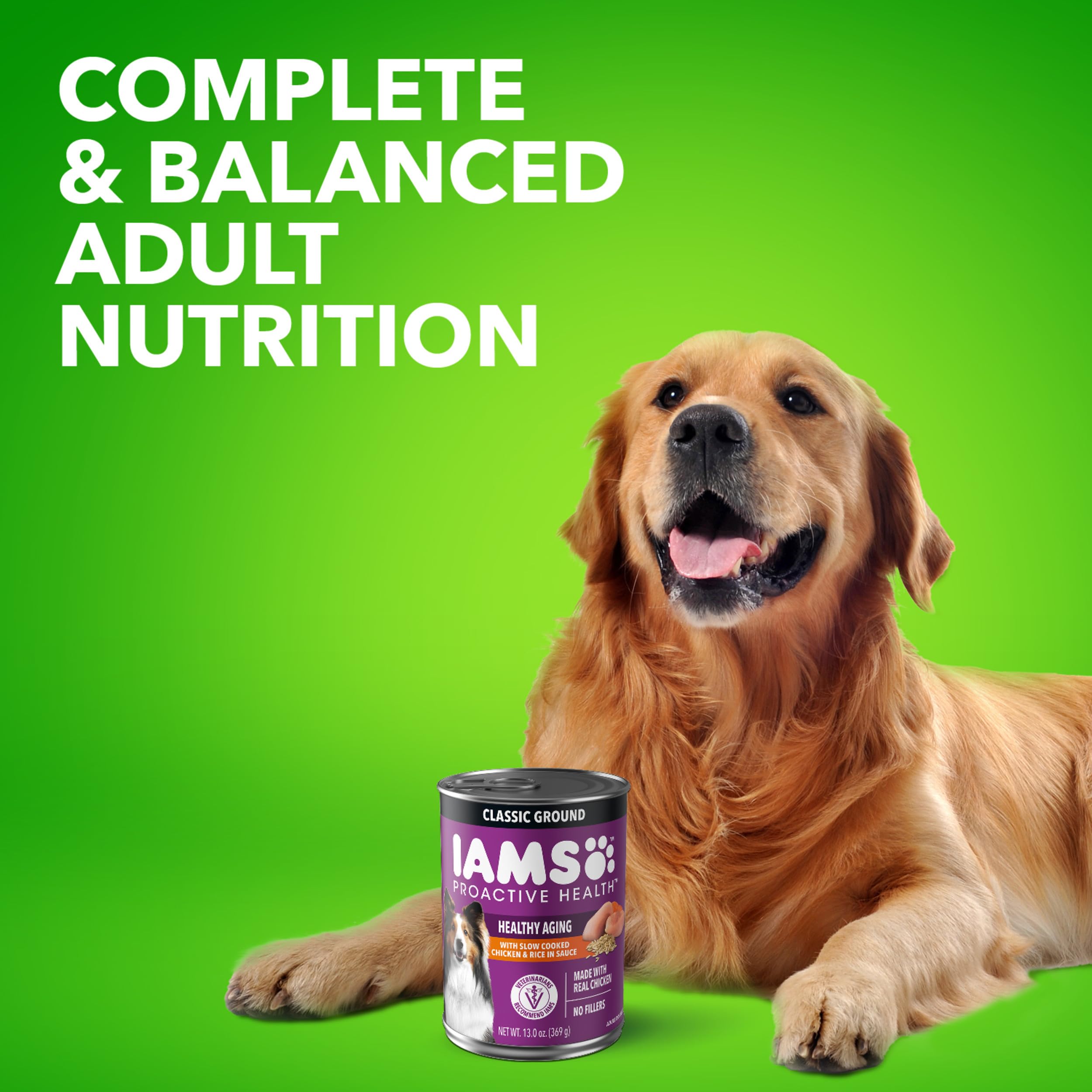 IAMS Proactive Health Healthy Aging Wet Dog Food Classic Ground with Slow Cooked Chicken and Rice, 13 oz. Cans, Pack of 12