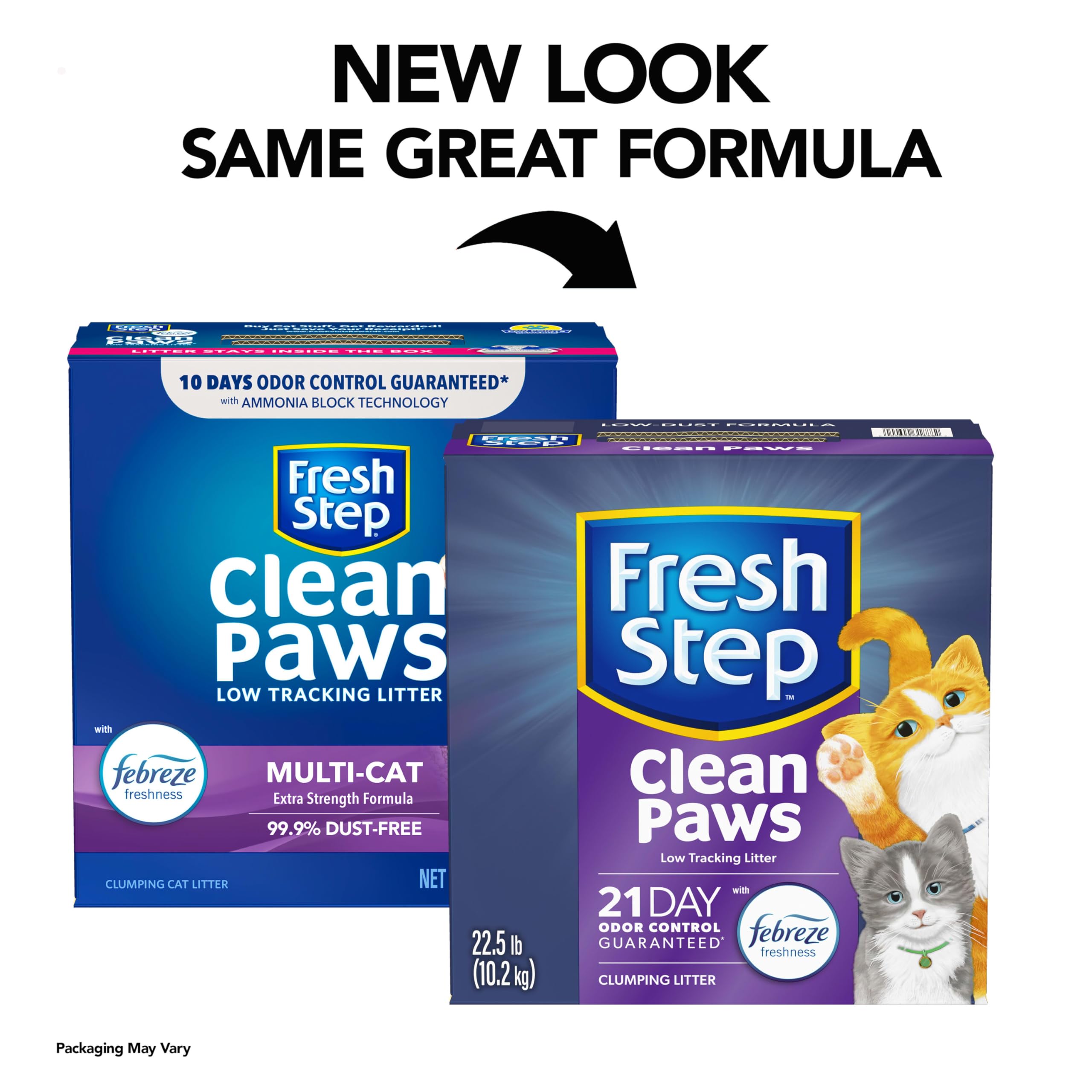 Fresh Step Clean Paws Cat Litter With Febreze Freshness, Multi-Cat Low-Tracking Clumping Litter With Guaranteed Odor Control, 22.5 Lb. Box