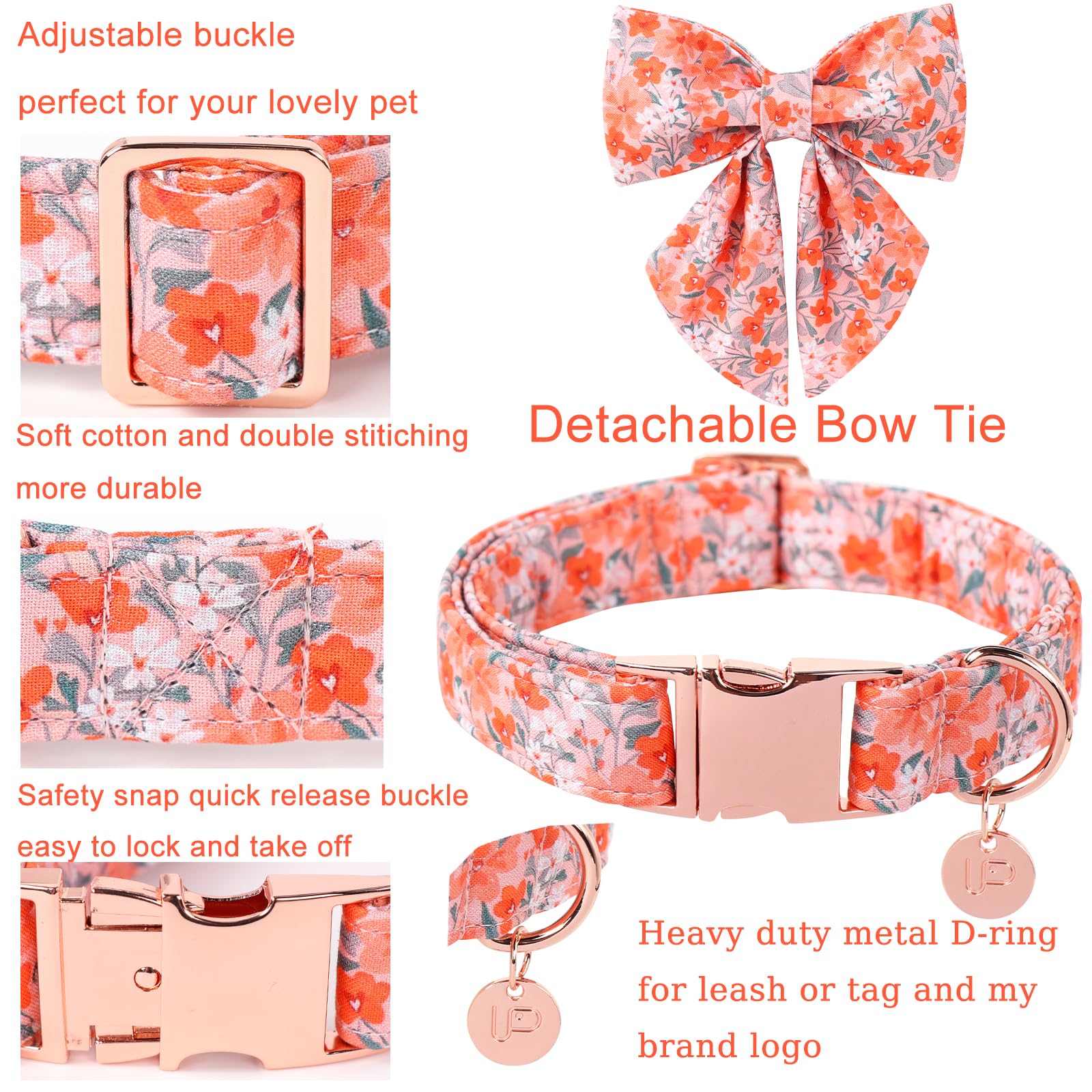 Up Urara Pup Orange Flower Bowtie Dog Collar - Summer Collar For Puppy Boy Girl, Comfortable Cotton With Metal Buckle, M
