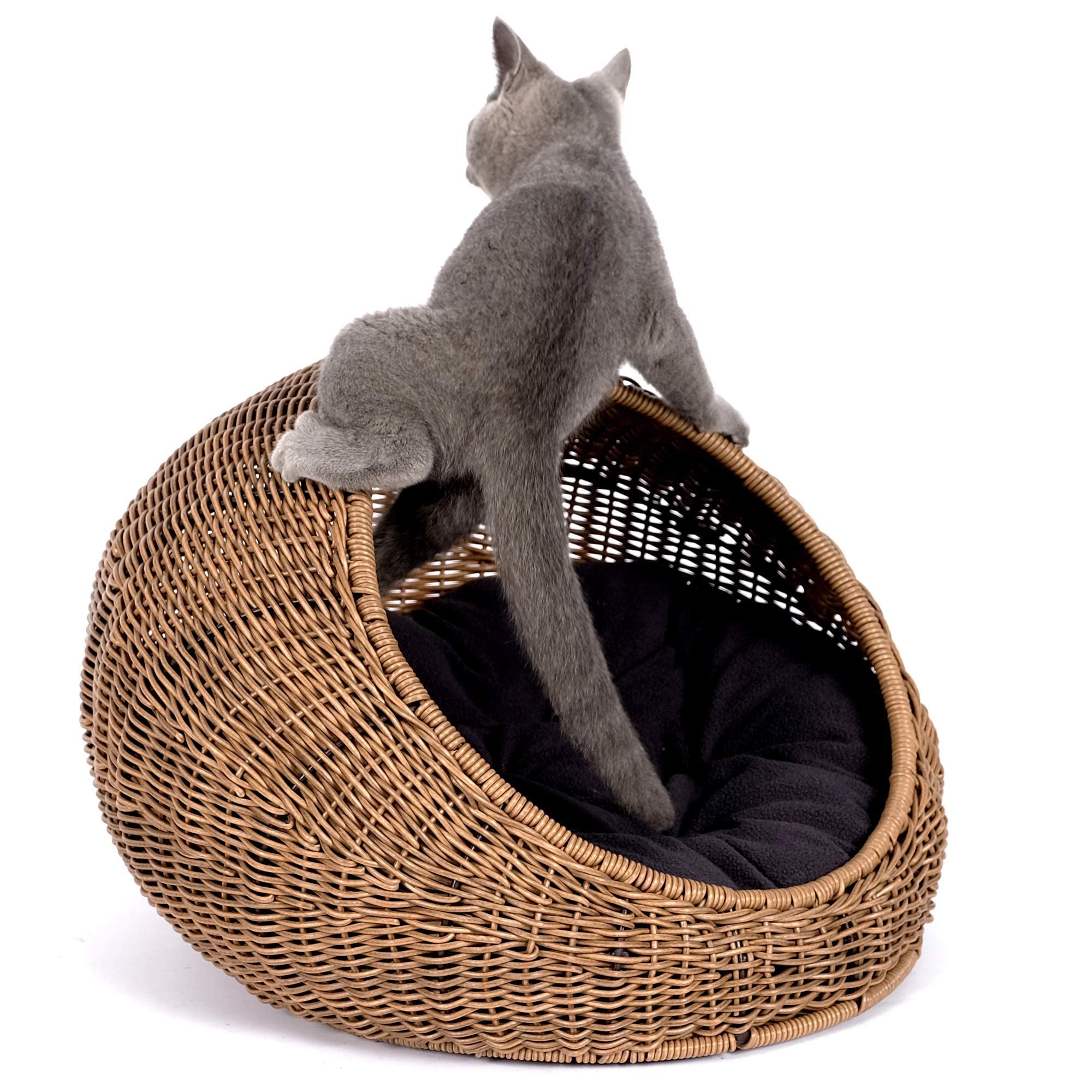 D+Garden Wicker Cat Bed Dome For Medium Indoor Cats - A Covered Cat Hideaway Hut Of Faux Rattan Houses Pets In Dome Basket, Wash
