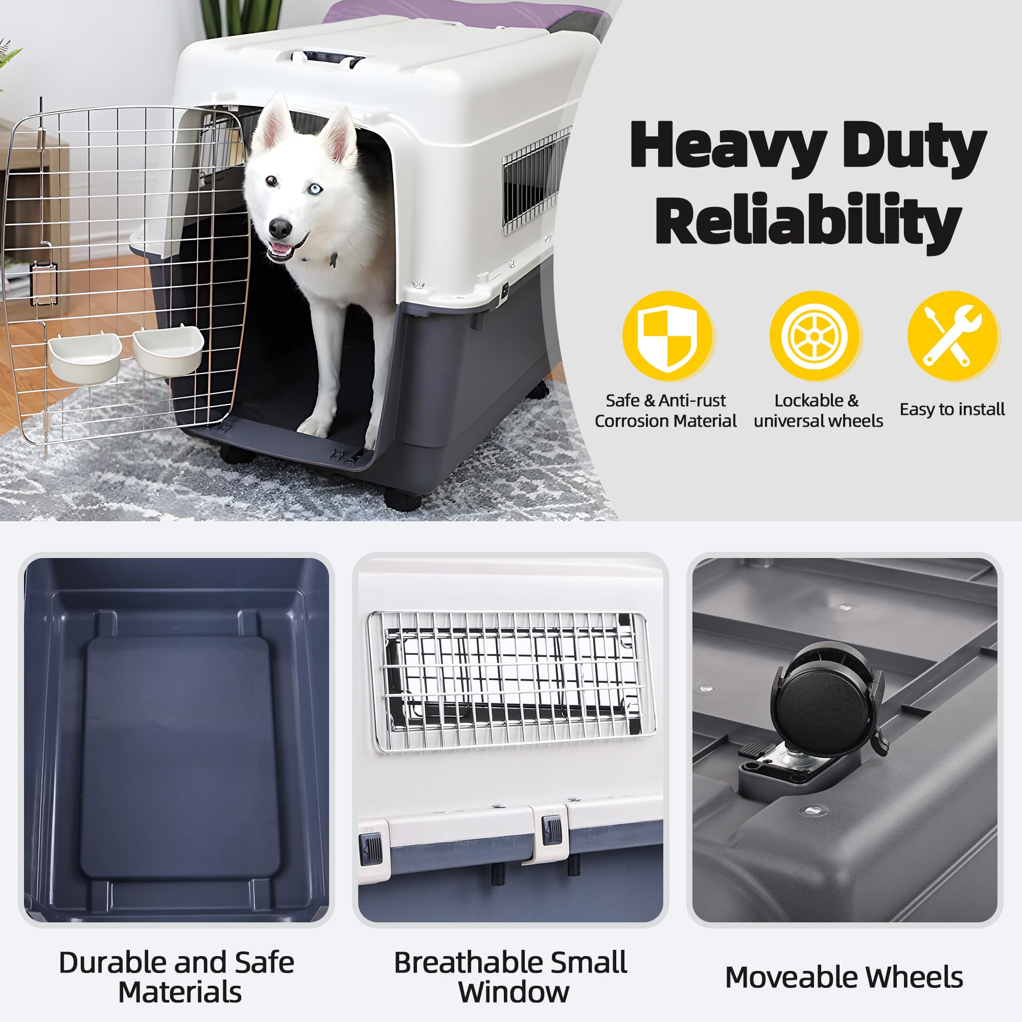 Elevon Plastic Dog Crate - Airline Approved Pet Carrier, X-Large, Gray, Model QD-ELPK-01XL-BAU, for Dogs and Cats