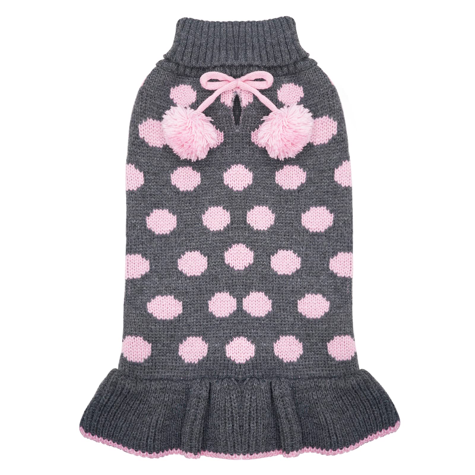 Kyeese Dog Sweaters With Leash Hole Small Turtleneck Dog Sweater Dress For Girl Polka Dot Knit Warm Pet Clothes With Pom Pom Bal