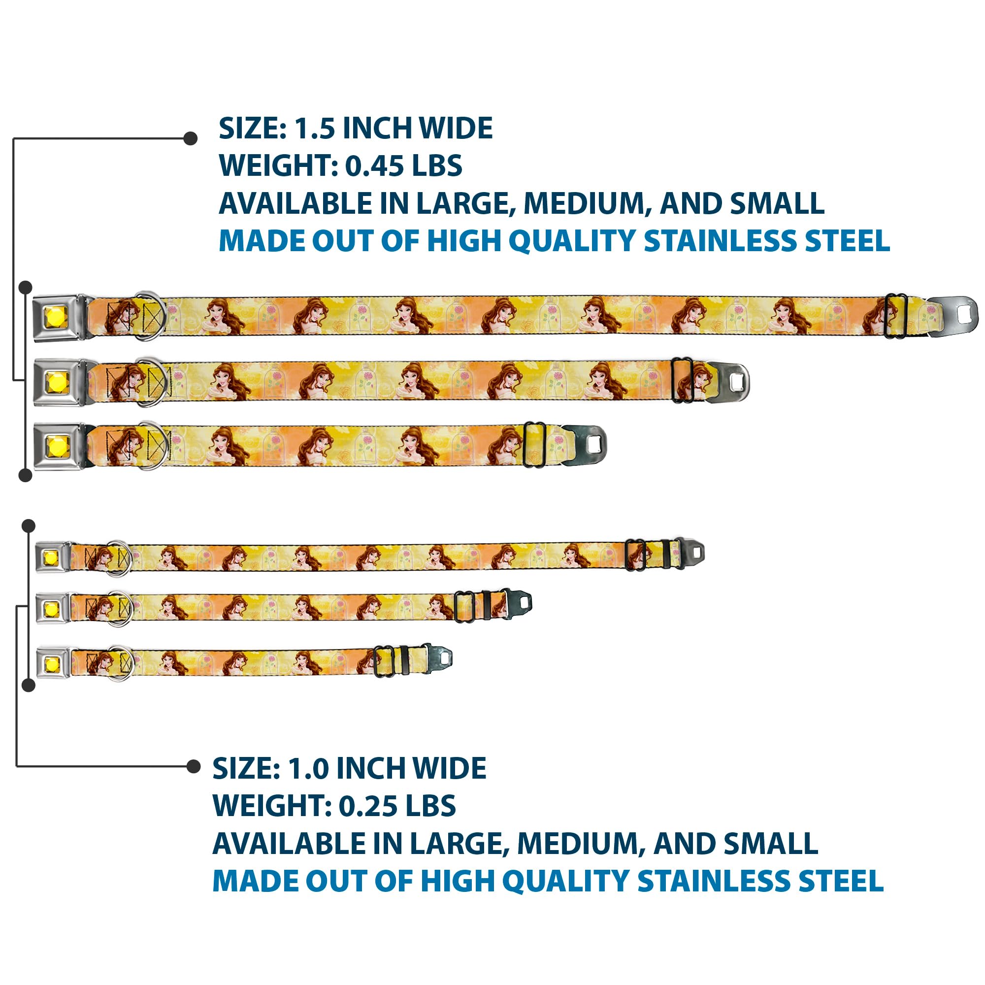 Buckle-Down Seatbelt Buckle Dog Collar - Belle Poses/Enchanted Rose/Story Script Yellow/Pinks - 1.5' Wide - Fits 18-32' Neck -