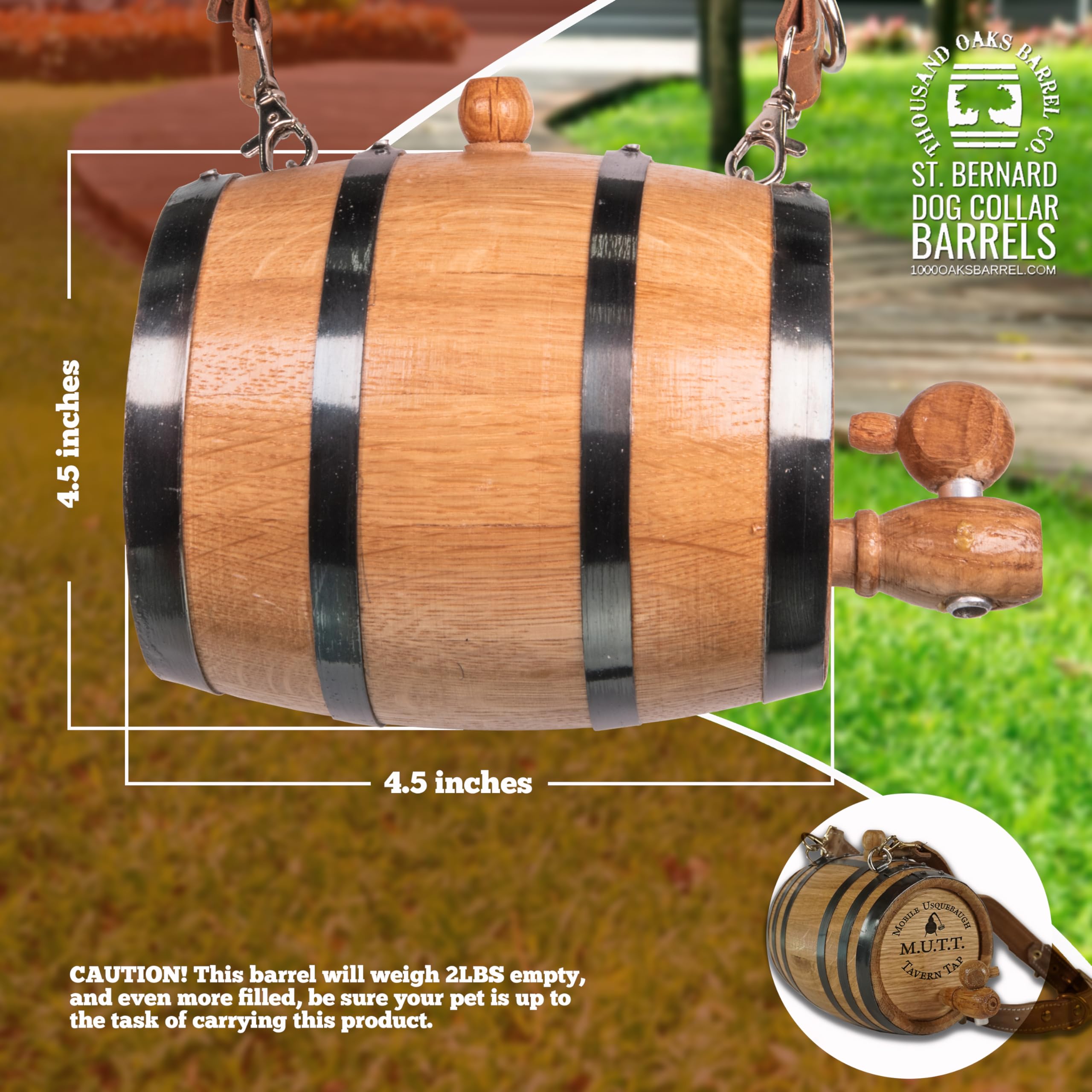 St Bernard Whiskey Barrel Collar For Dog, M.U.T.T.' - 1/2 Liter Oak Aging Barrel Dispenser For Saint Bernard Dogs With Adjustabl