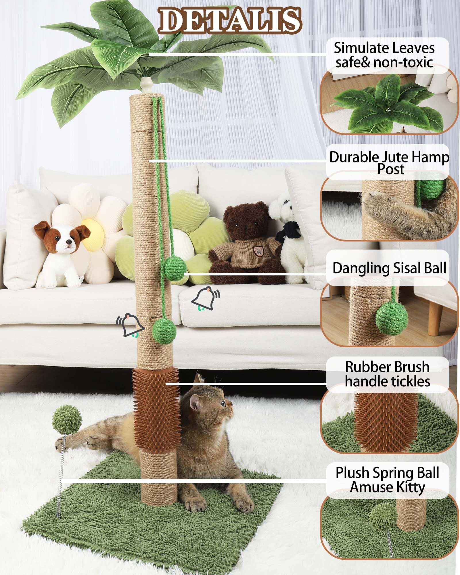 Anwa 35'' Tall Cat Scratching Post For Kitten And Large Cats, Scratching Post For Indoor Cats With Self-Grooming Rubber Brush, C