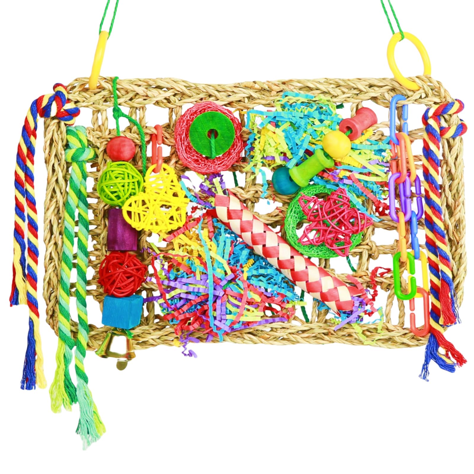 Cohyver Bird Toys, Large Size Parrot Toy, Parakeet Toys For Bird Foraging Conure Hammock Swing,Grass Mat With Colorful And Vario