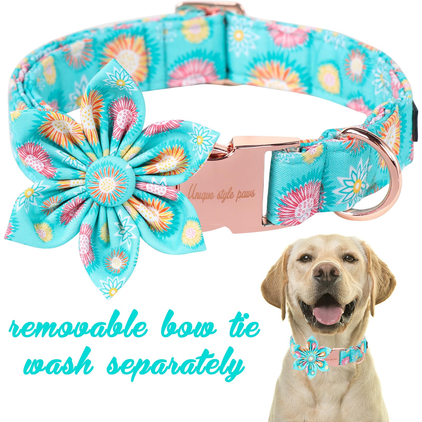 Unique Style Paws Summer Dog Collar With Floral Bow,Sunflower Bow Tie Puppy Collars, Cute Blue Dog Bows Collar For Small,Medium,