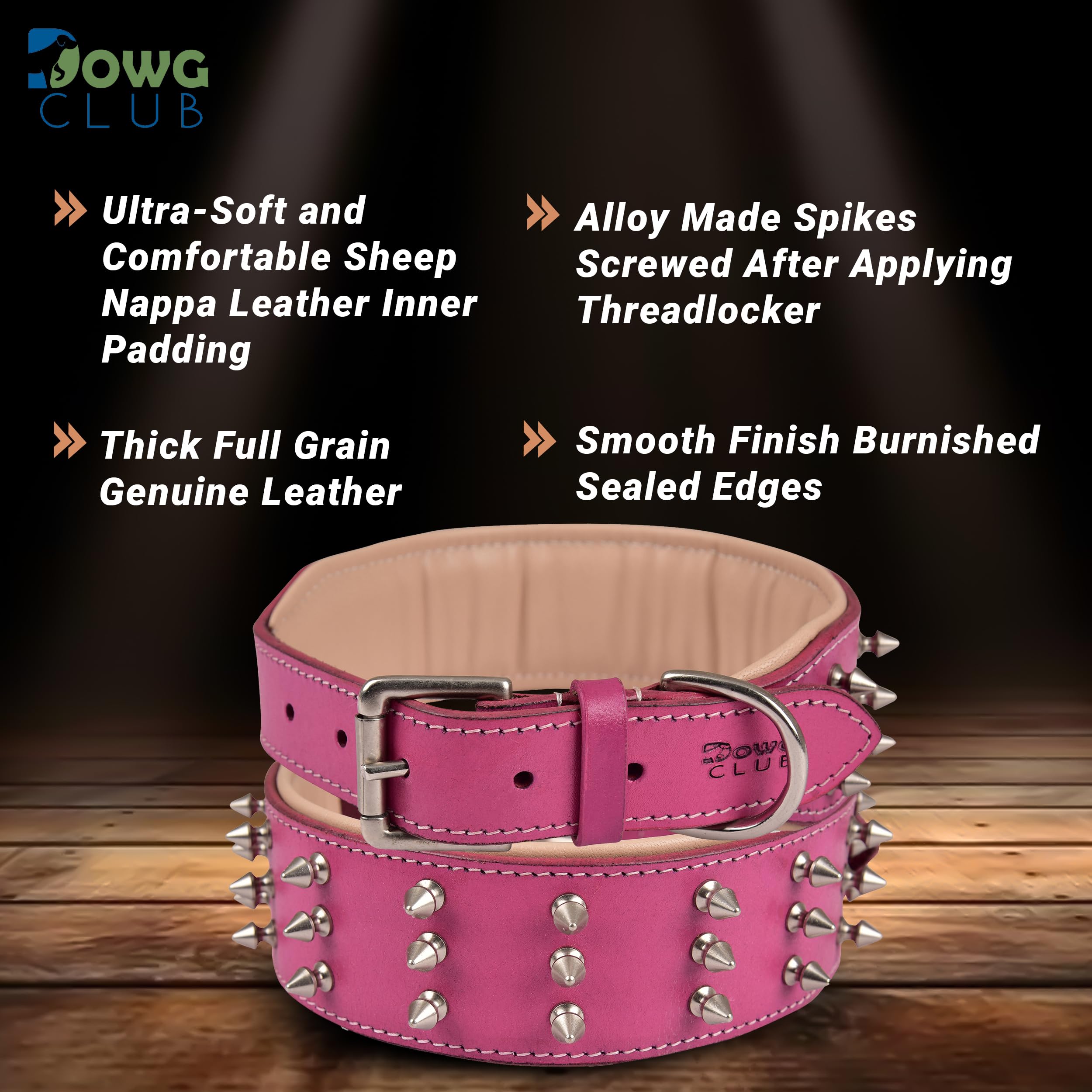 Dowgclub Spiked Leather Dog Collar - 2 Wide Full Grain Bridle Leather, Heavy Duty, Padded & Adjustable - For Large Breeds (L (