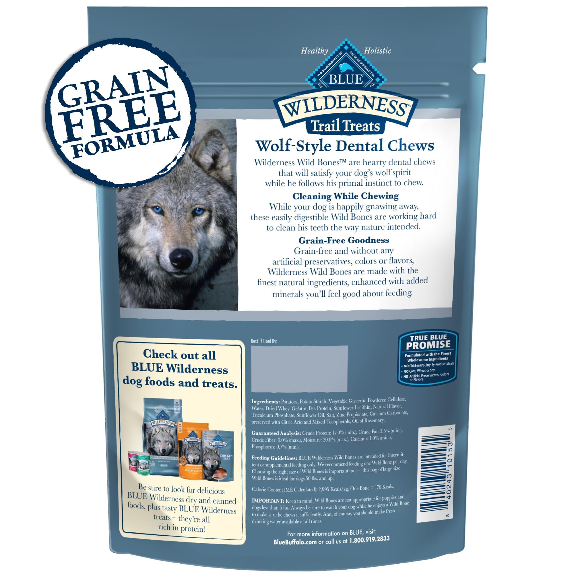 Blue Buffalo Wilderness Trail Treats Wild Bones Large Dental Chews, Grain-Free Dog Bones For Large Dogs Made with Natural Ingred