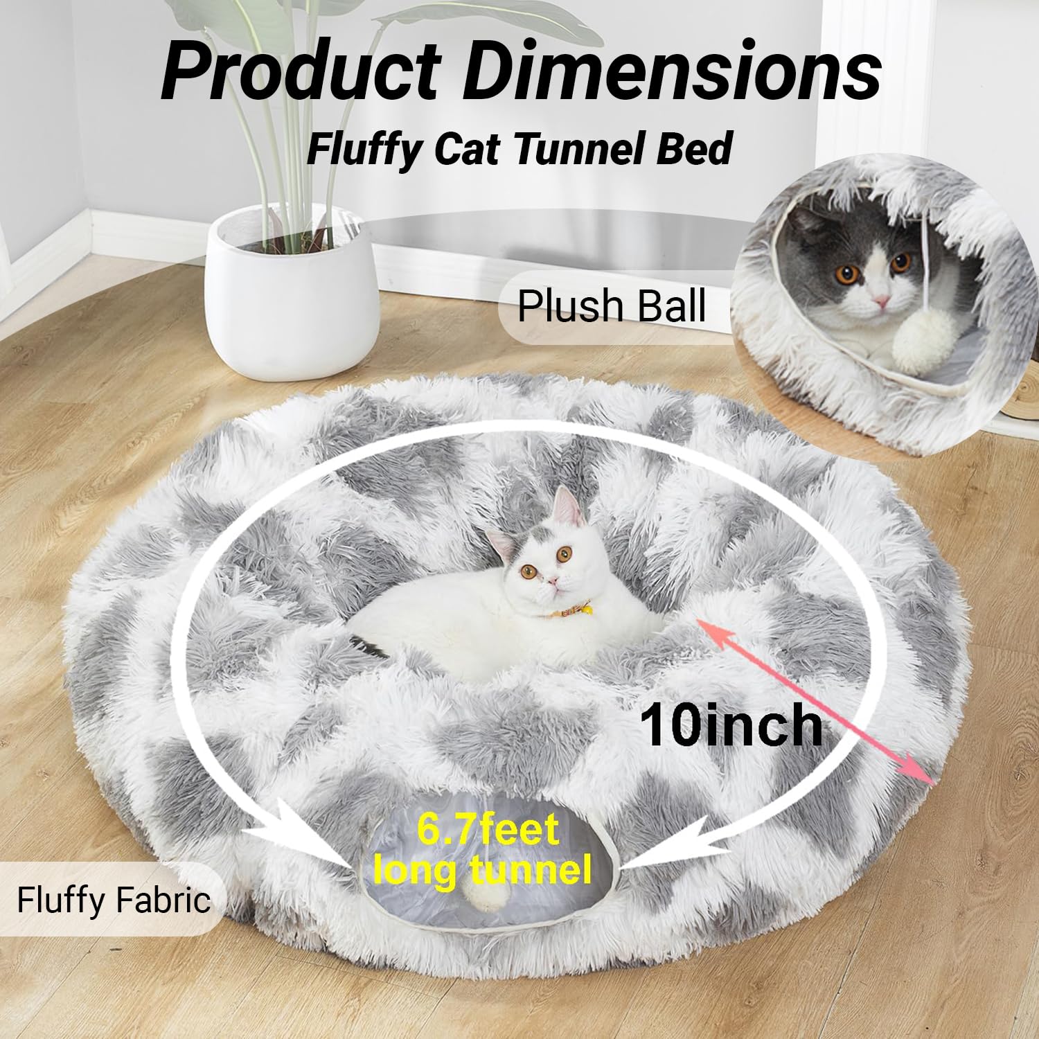 LUCKITTY Warm Fluffy Plush Cat Dog Tunnel Bed with Washable Cushion- Big Tube Playground Toys 3 FT Diameter Collapsible, for Ind