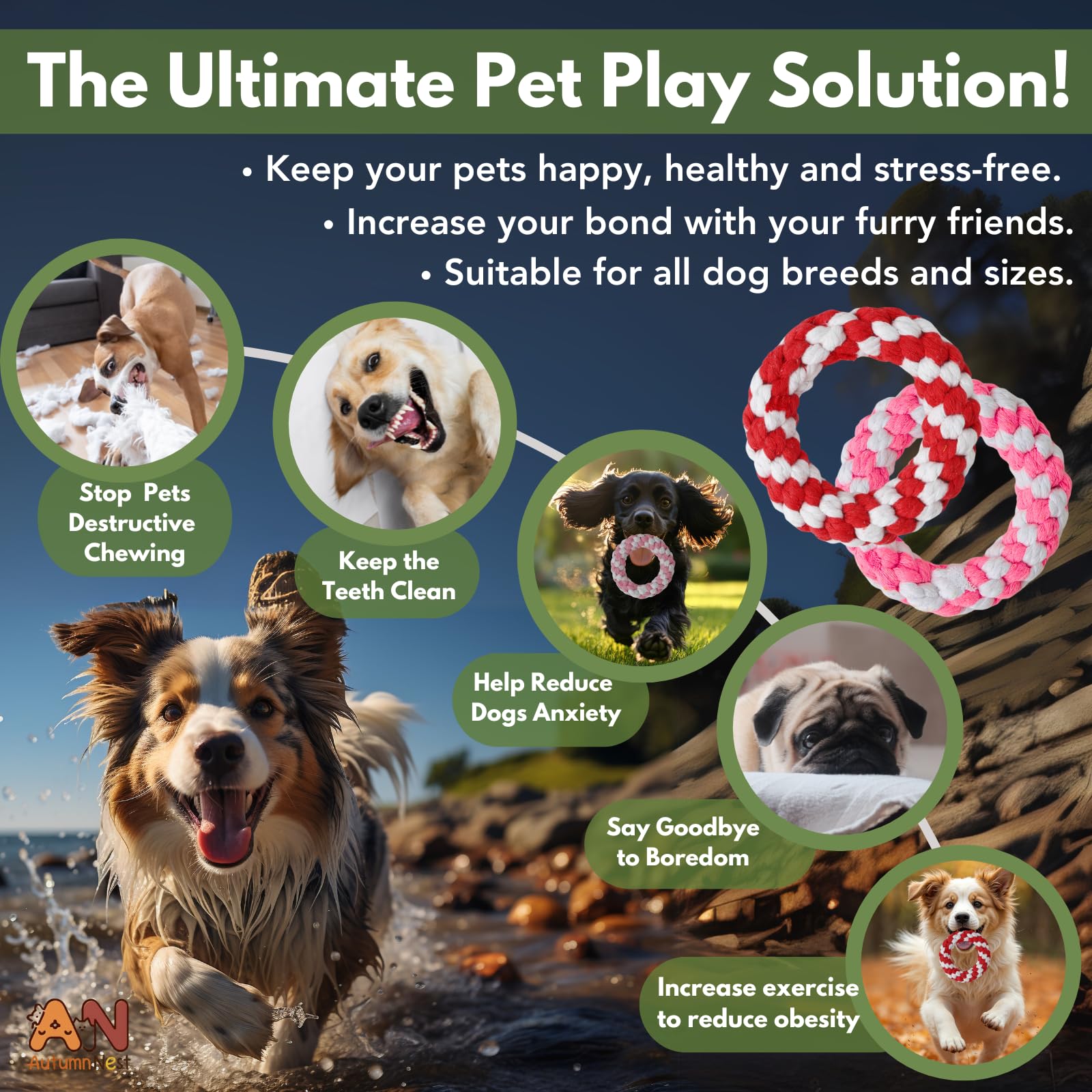 Autumnnest Woven Round Donut Pet Rope Toys Set, 2-Pack (Red & Pink) 4.8-Inch Durable Cotton Pet Chew Toys For Dogs & Cats, Heavy