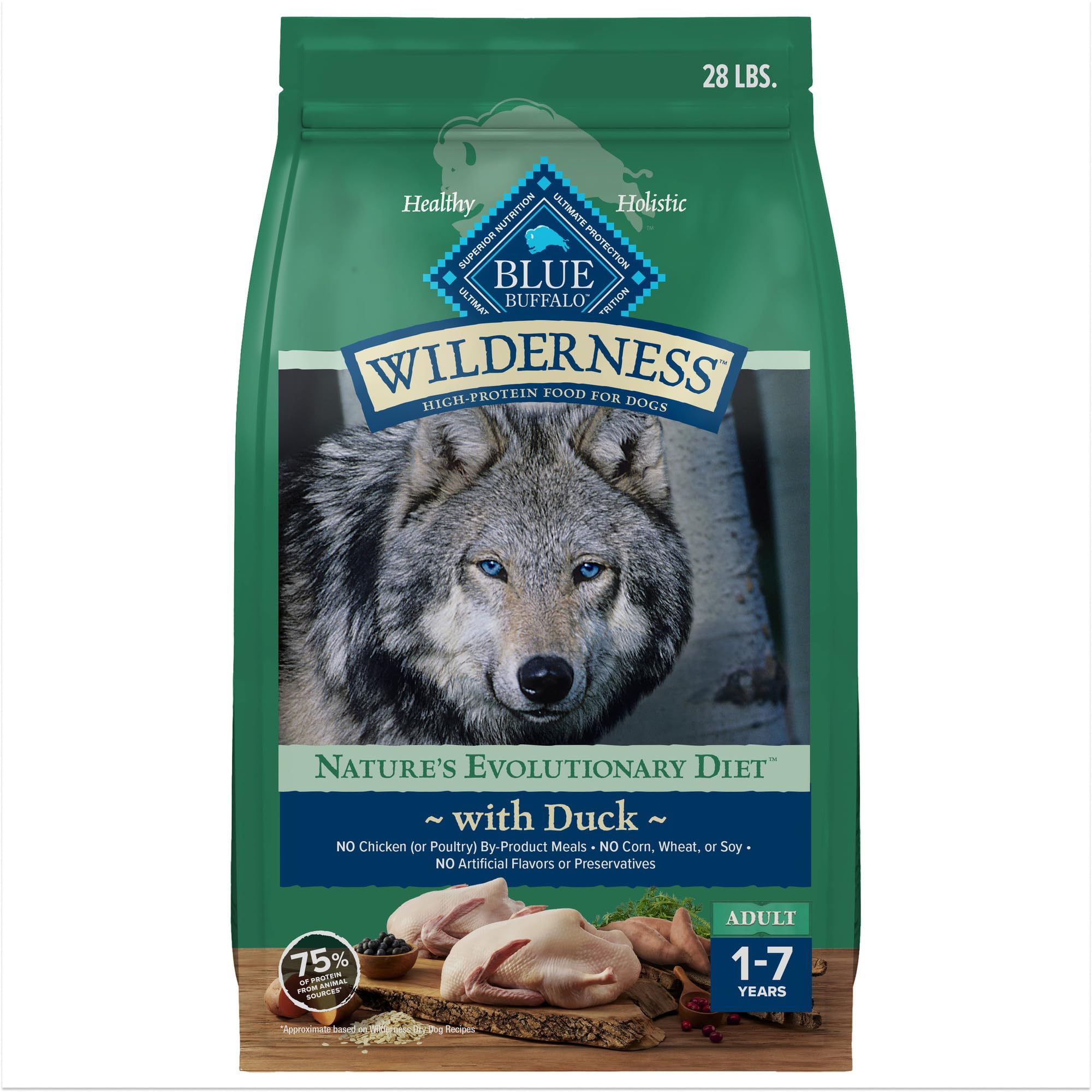 Blue Buffalo Wilderness Natural High-Protein Dry Food for Adult Dogs, with Wholesome Grains, Duck, 28-lb bag.