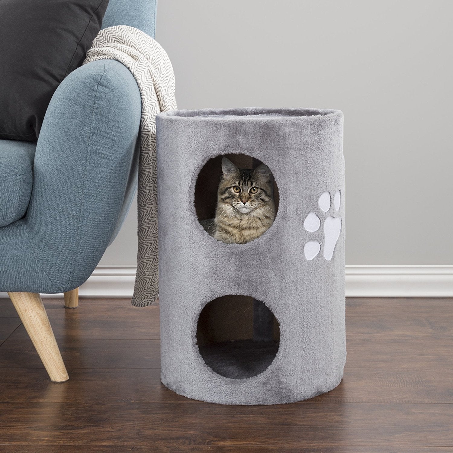 20.5-Inch Cat Condo - 2 Story Cat House With Sisal Scratch Pad, Barrel Shaped Pet House Covered In Soft Fabric By Petmaker (Gray