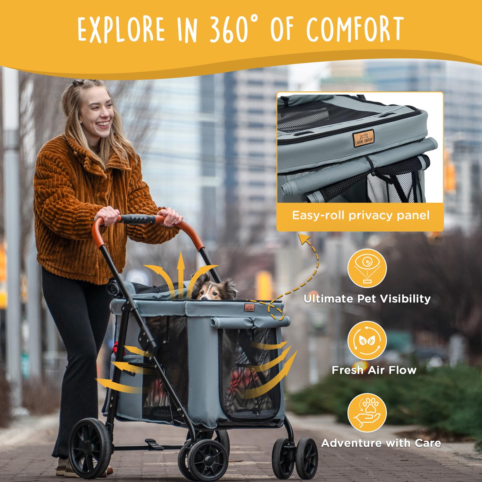 Canine Canyon Scout Pet Stroller, 4-Wheel Design For Small/Medium Dogs - One-Button Fold, Adjustable Mesh Windows & Shades, 360