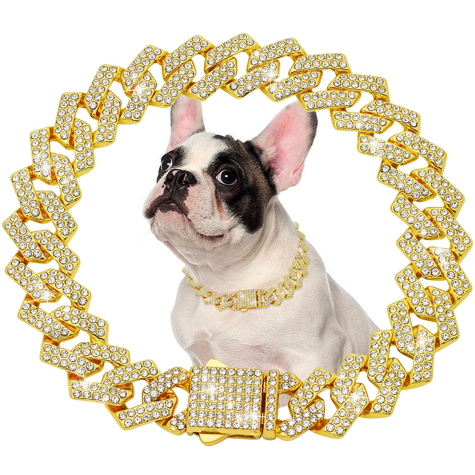 Gold Dog Chain Collar Diamond Link 15Mm Wide Dog Necklace Metal Cat Chains Pet Crystal Collars Jewelry Accessories For Small Med