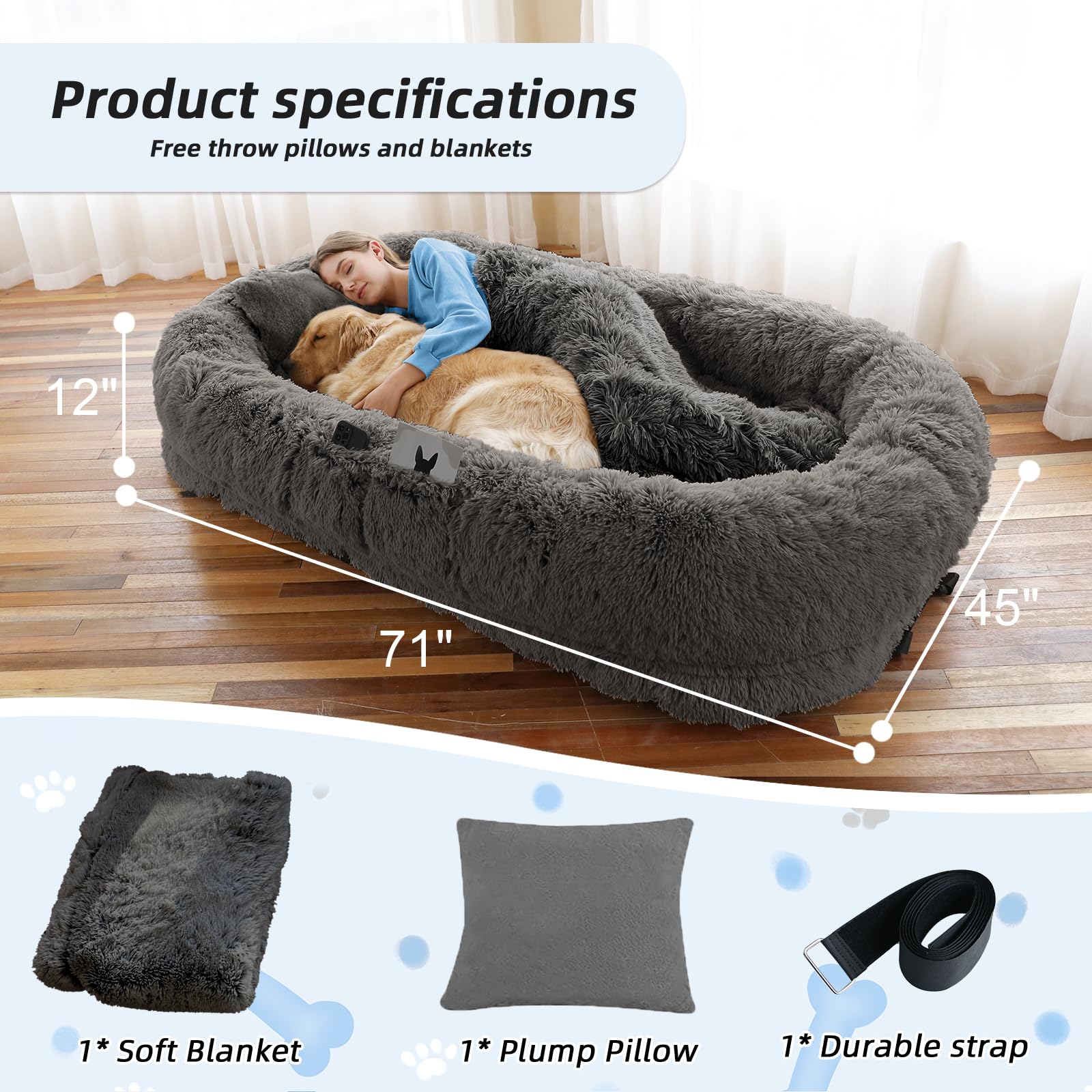 Human Dog Bed, 71''X45''X12'' Size Fits You And Pets, Washable Faux Fur Orthopedic Bed, Plump Pillow, Blanket, Strap - Dark Grey