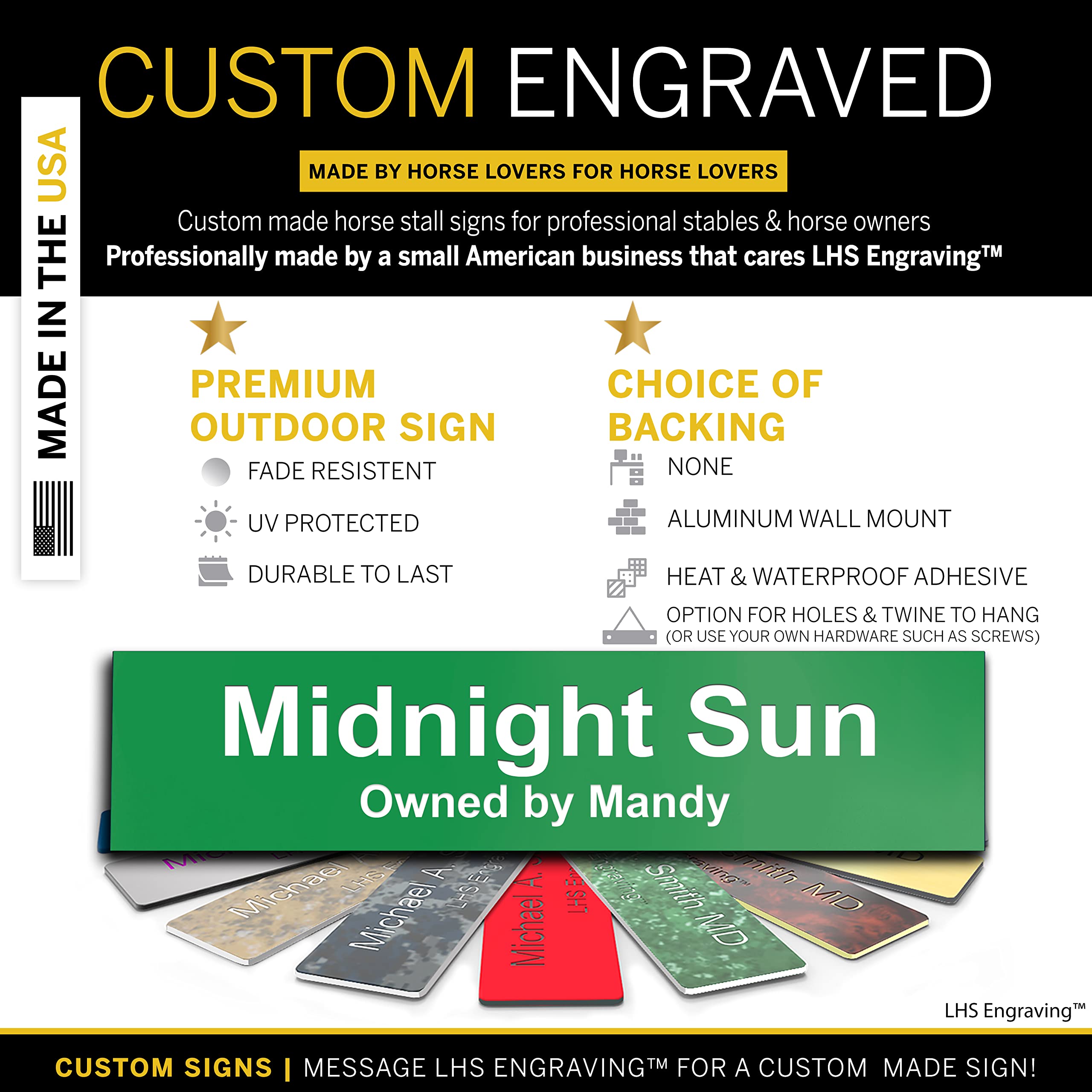 Lhs | Horse Stall Name Plate, 2X6 Personalized Stall Signs, Uv Protected, All Weather Adhesive, Hanging, Mounting Or Other, Gree