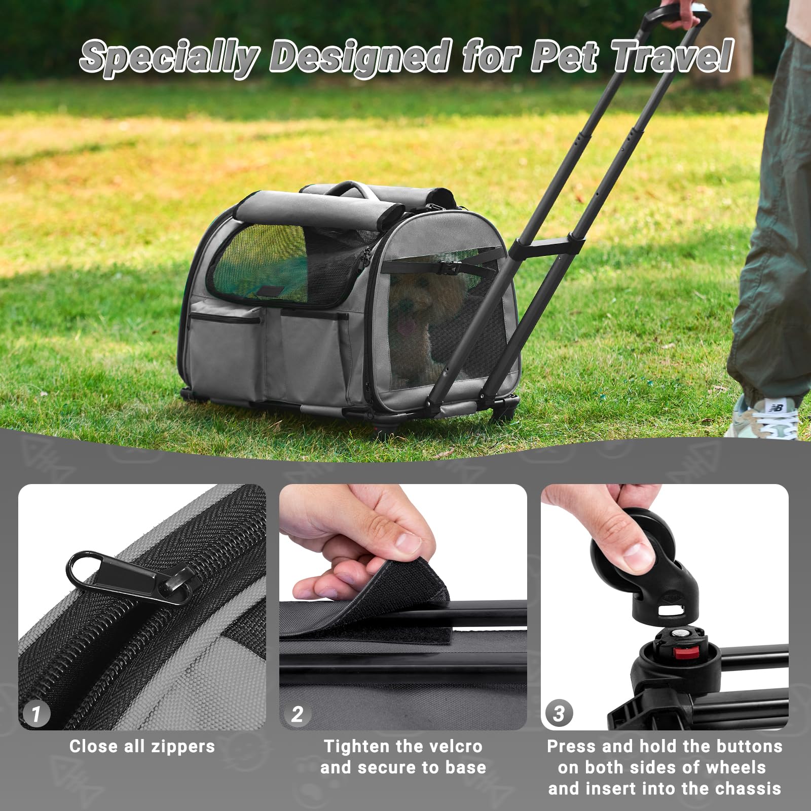 Paw Ballet Large Cat Carrier With Wheels, Foldable Rolling Pet Dog Carrier With Wheels And Big Pocket, Cat Carrier Travel Bag Fo