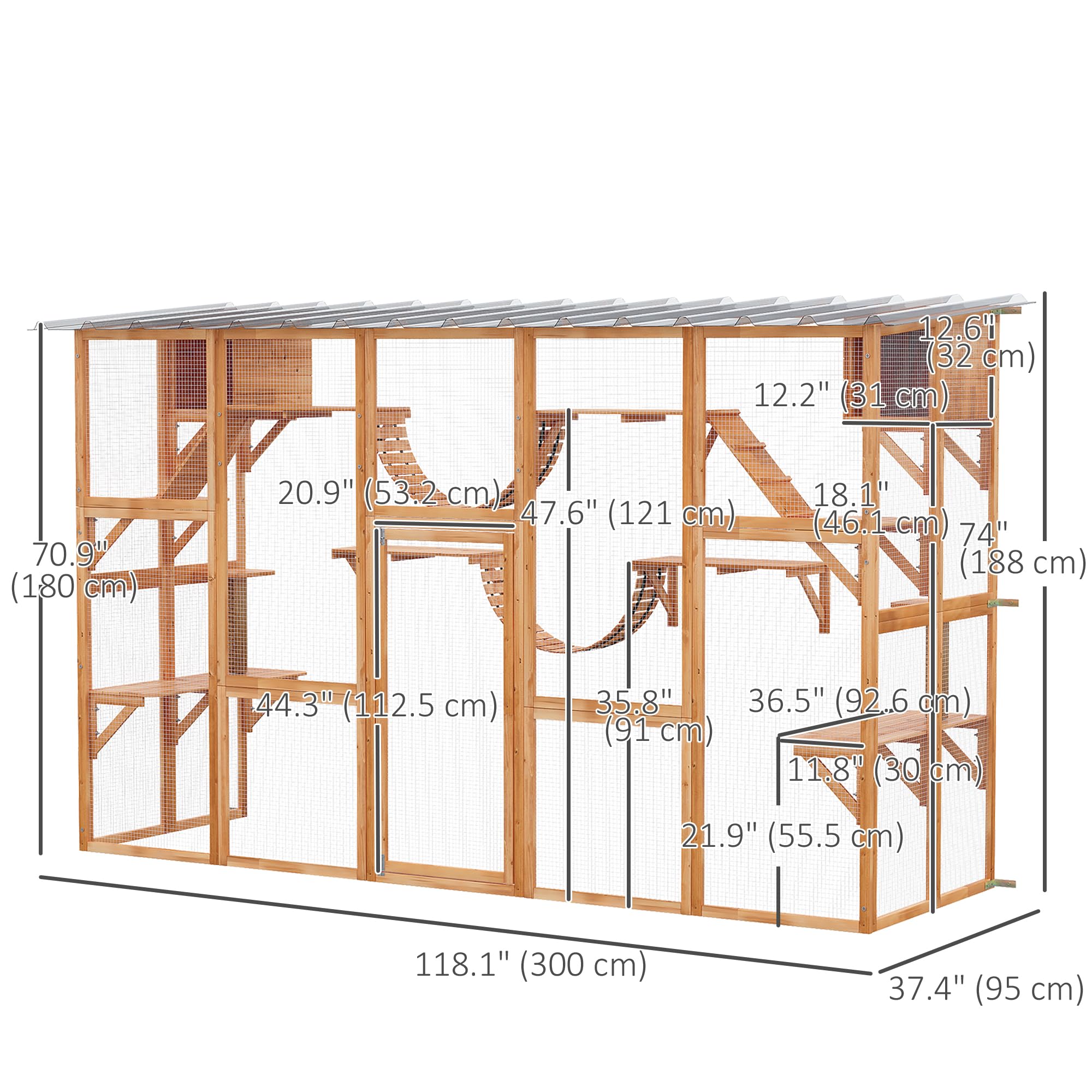 Pawhut Catio Playground Cat Window Box Outside Enclosure, Outdoor Cat House With Weather Protection Roof For Multiple Kitties, Wooden Frame, Shelves & Bridges, 118' X 37. 5' X 74', Orange