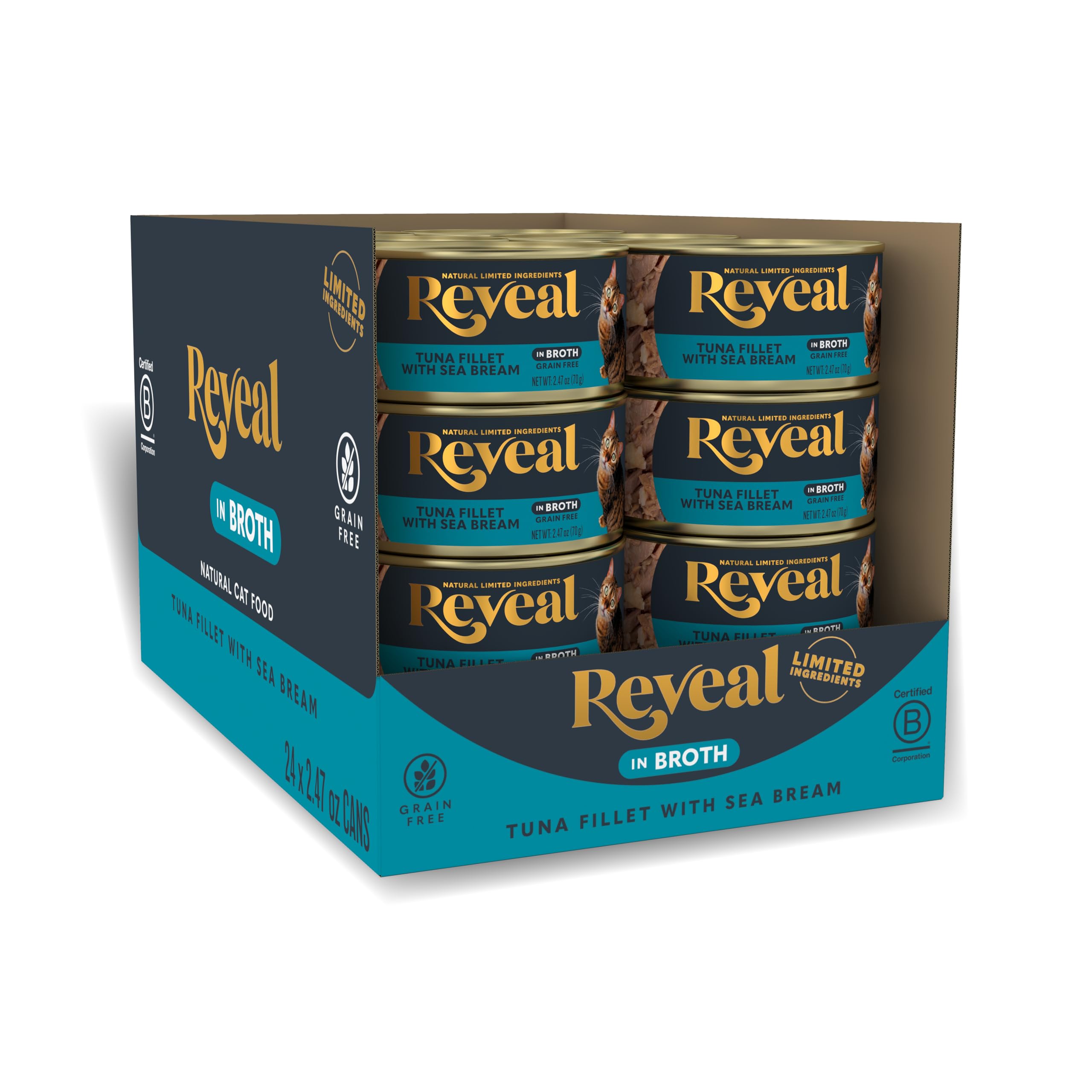 Reveal Natural Wet Cat Food, 24 Count, Grain Free, Limited Ingredient Canned Food for Cats, Tuna with Sea Bream in Broth, 2.47 o