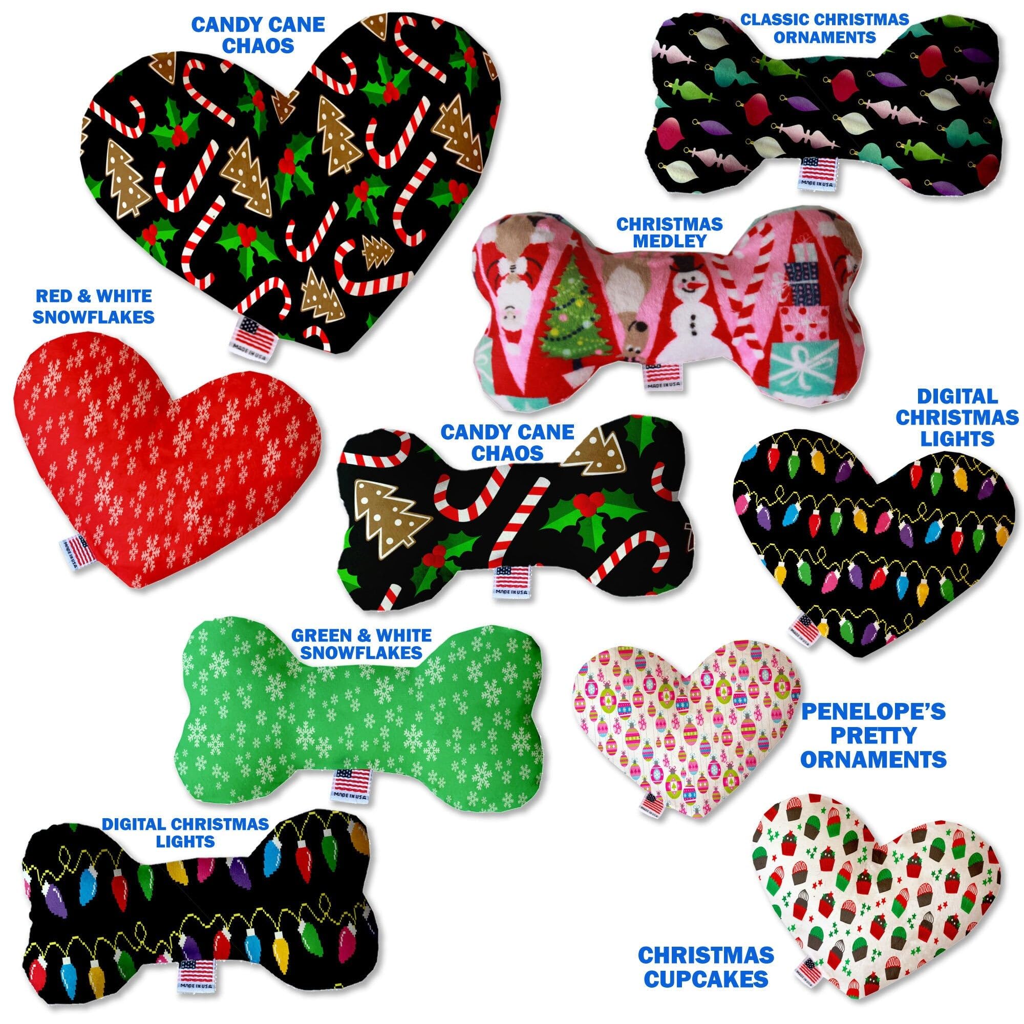 Christmas Pet and Dog Plush Heart or Bone Toy, &quot;Candy Cane Lane Group&quot; (Available in different sizes and 8 different patterns!) ClassicChristmaOrn. 8&quot; Plush Heart