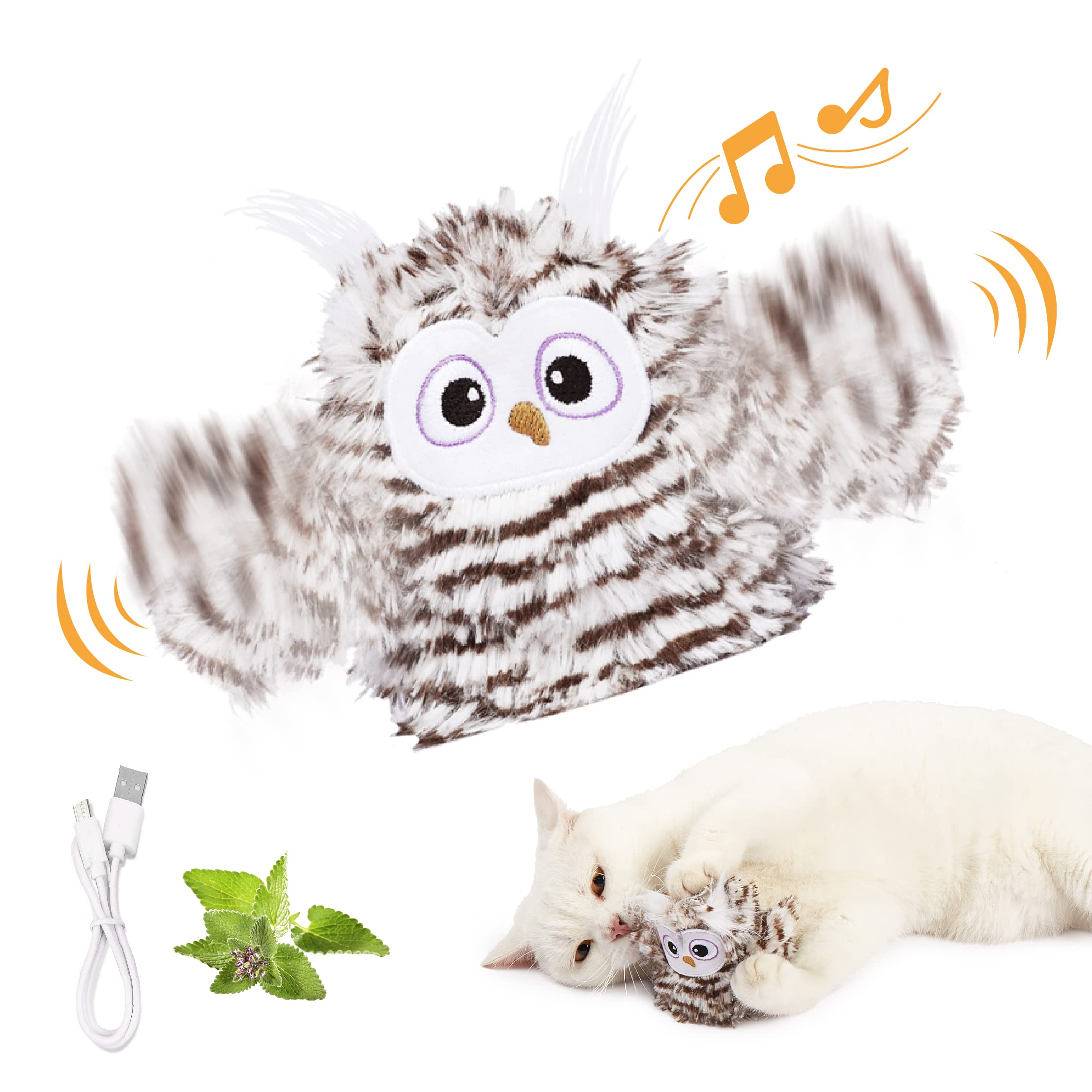 Kimee Interactive Cat Toy Rechargeable Automatic Chirping Owl Cat Toy With Catnip, Auto Beating Wings Flying Bird Cat Toys For I