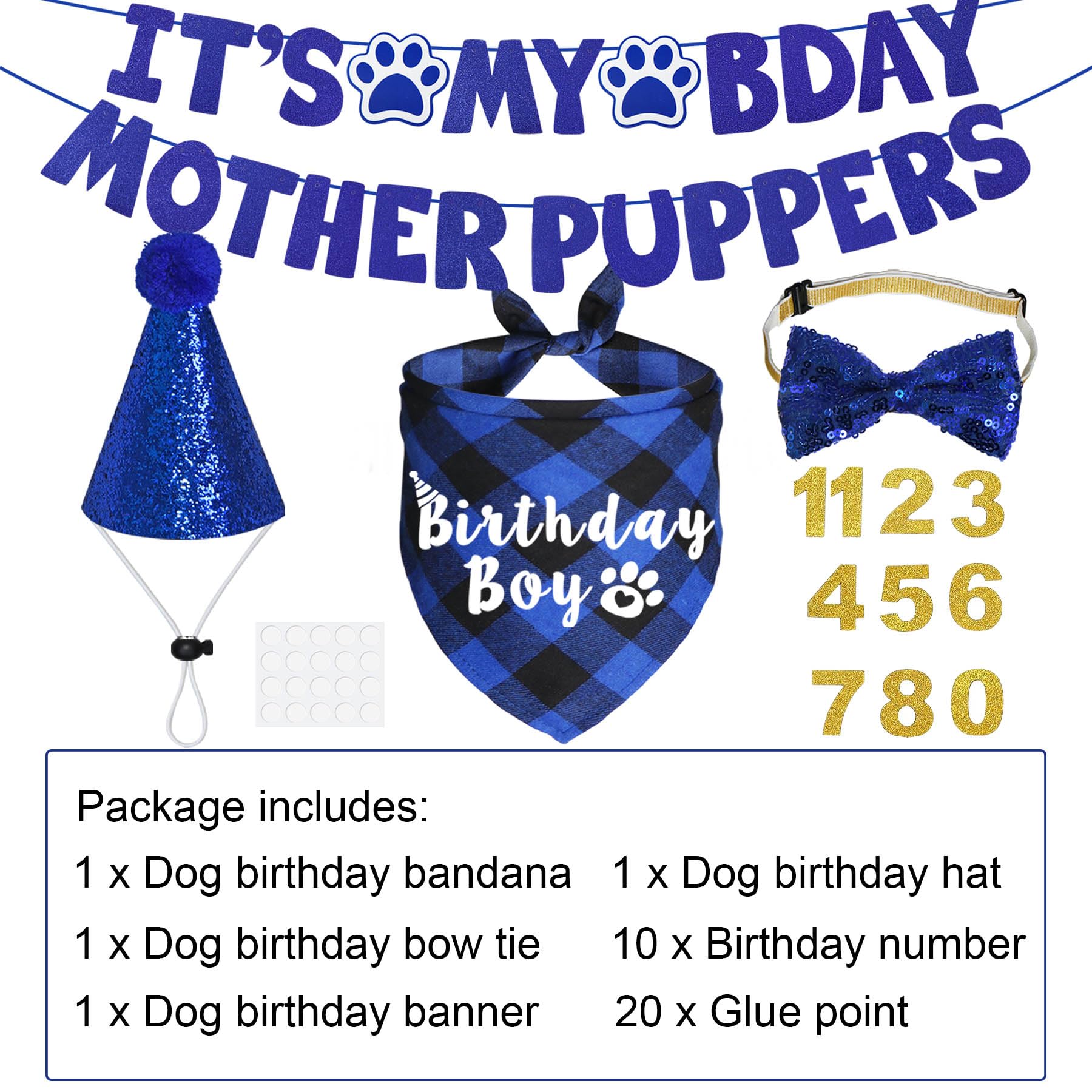 Jotfa Dog Birthday Party Supplies, Multi Sizes Dog Birthday Hat With Numbers Bandana Bow Tie Its My Bday Mother Puppers Sign Ban