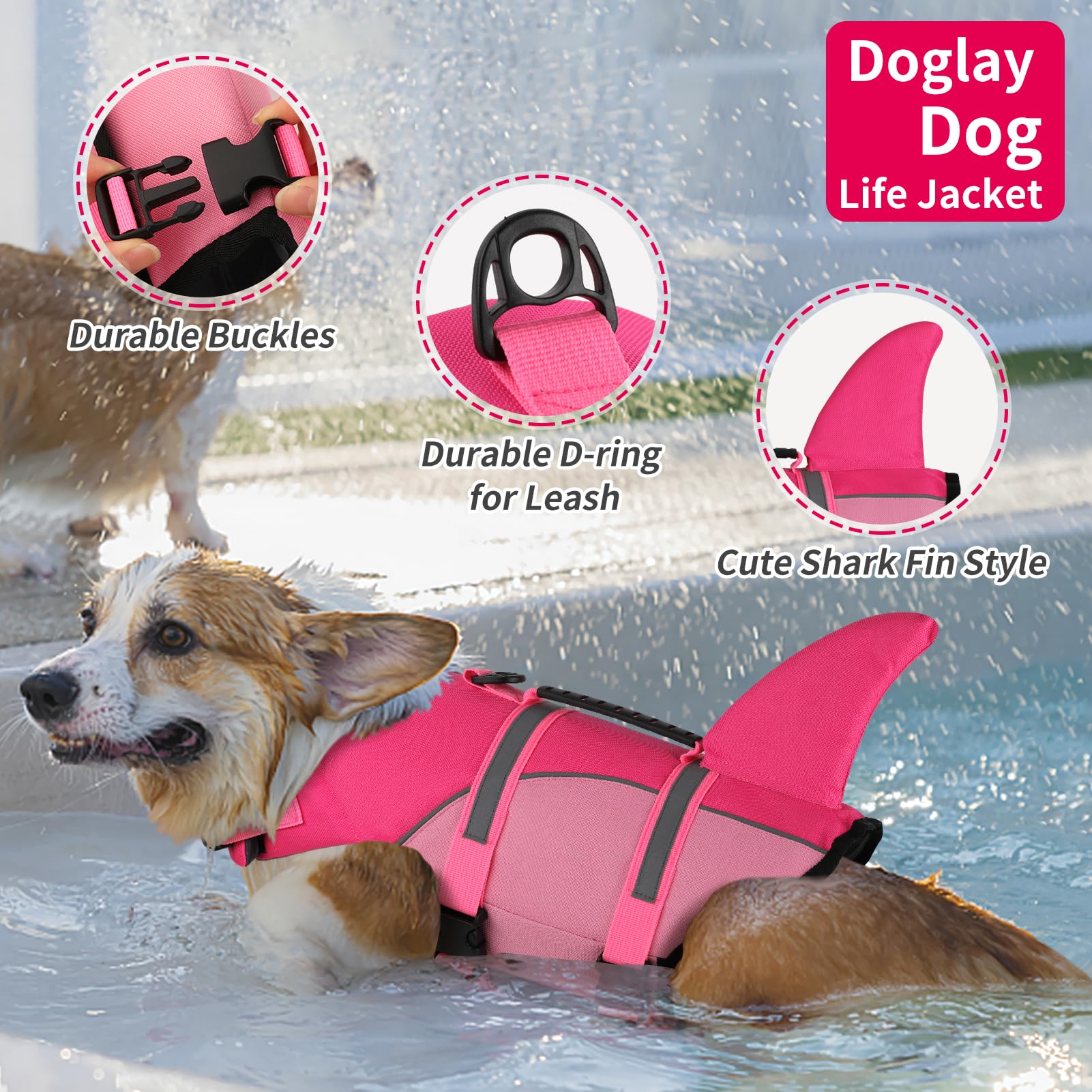Doglay Ripstop Shark Dog Jacket With Superior Buoyancy And Rescue Handle, Adjustable Dog Vest For Swimming And Boating, Pet Flot