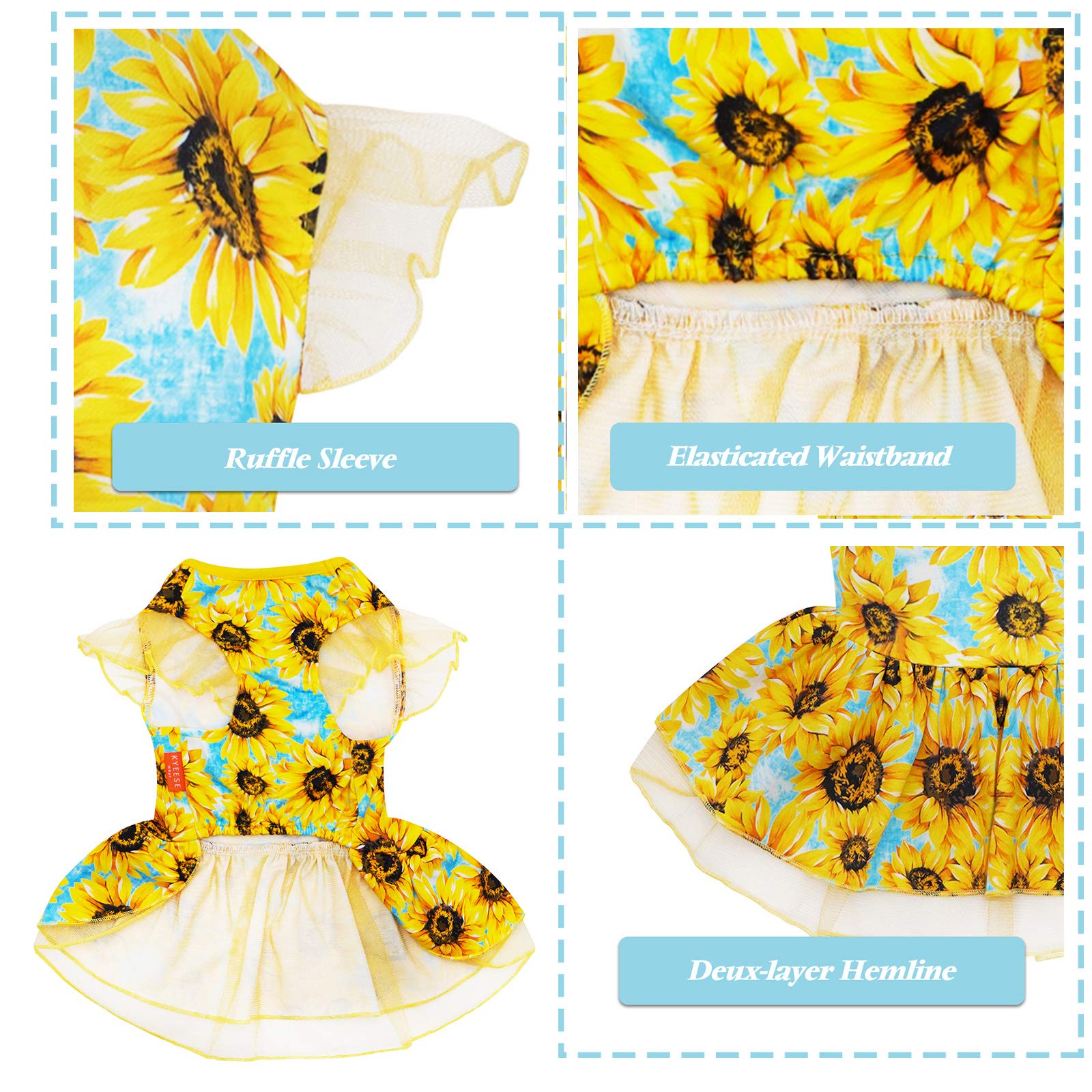 Kyeese Dog Dress Sunflower Dogs Sundress Tulle With Ruffle Sleeves Puppy Dress Dog Clothes