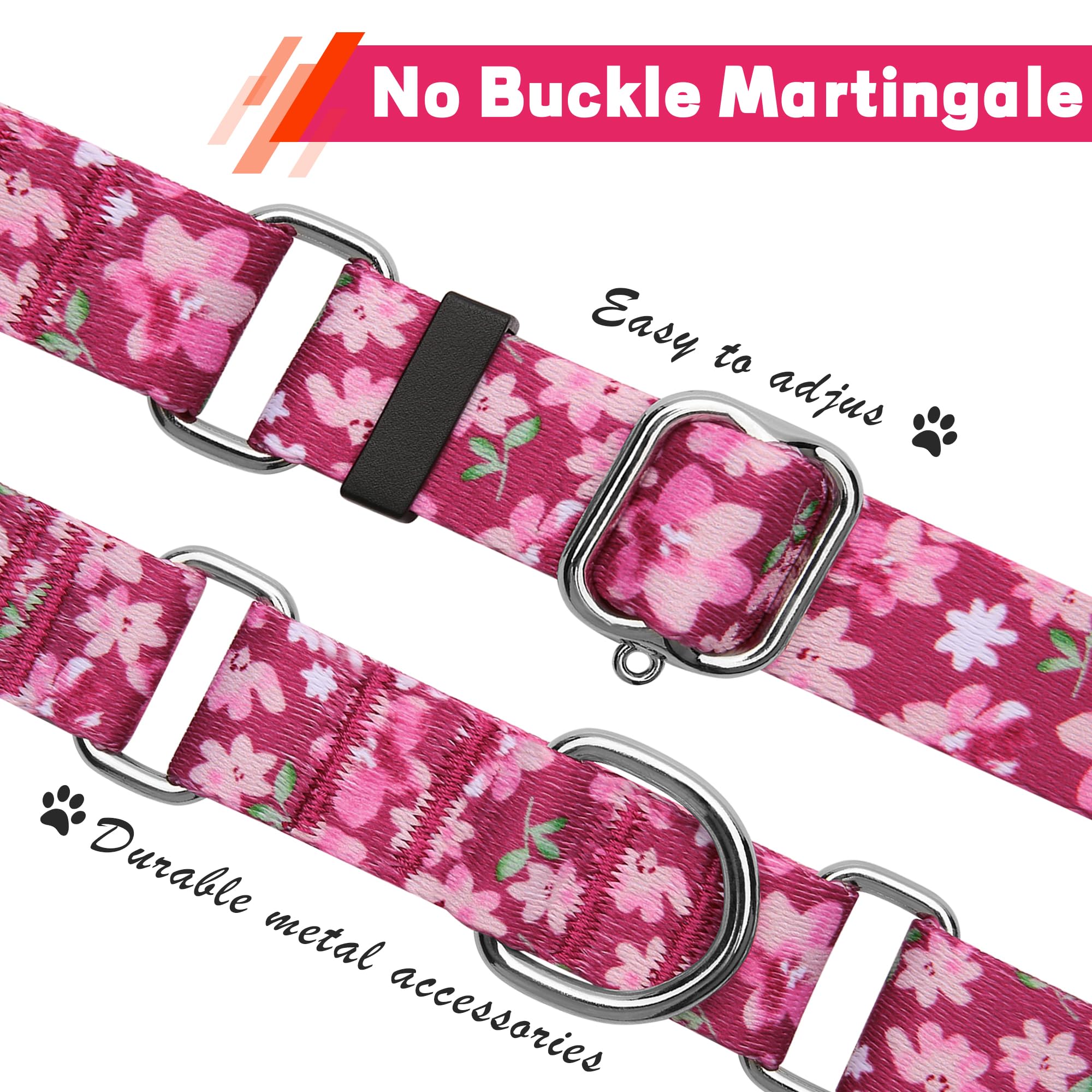 Hikiko Martingale Collar For Female Dogs - Floral Design, No Buckle, Nylon, No Pull, Medium, Japanese Pink