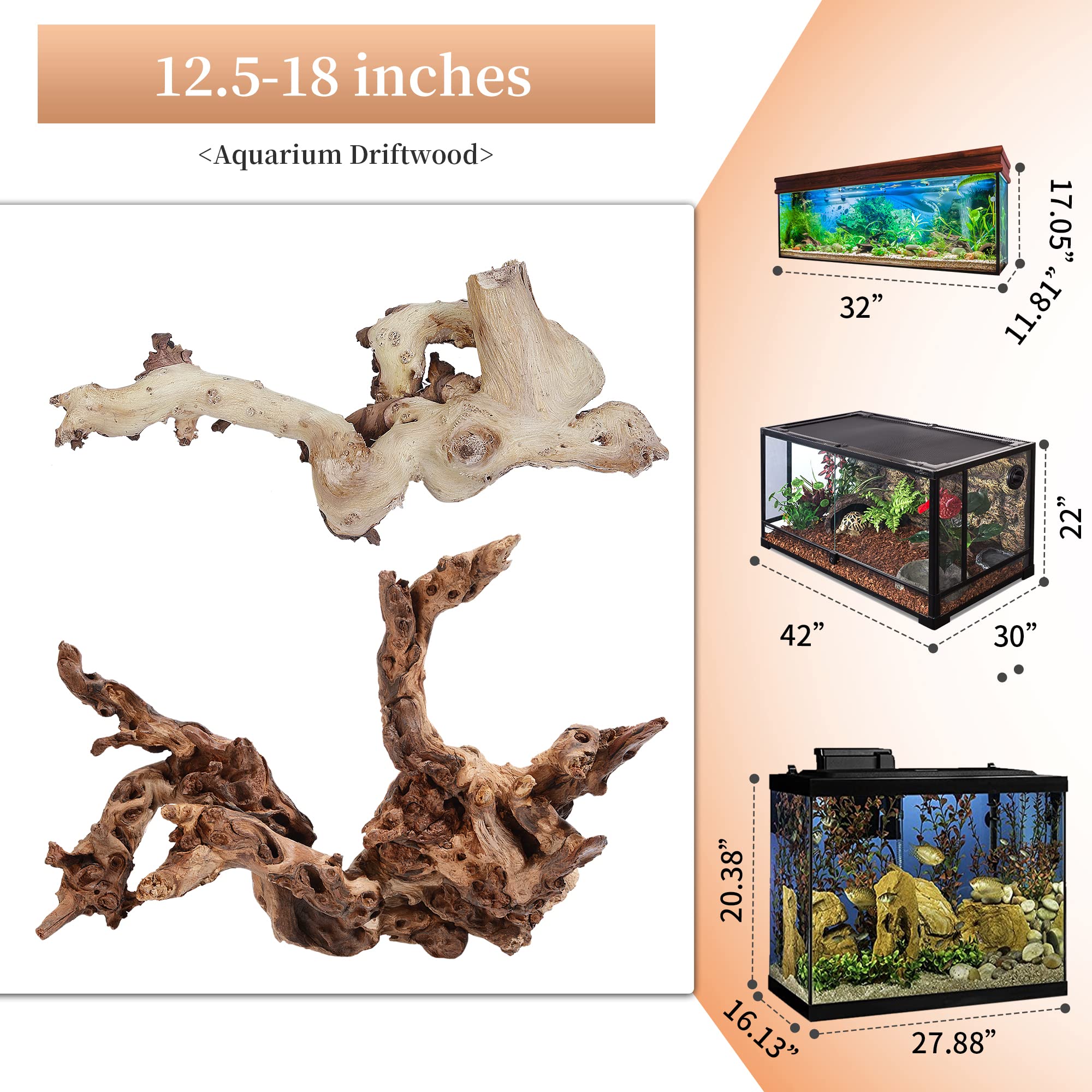 Majoywoo Natural Large Driftwood For Aquarium Decor Reptile Decor, Fewer Branches 12.5-18'' 2Pcs