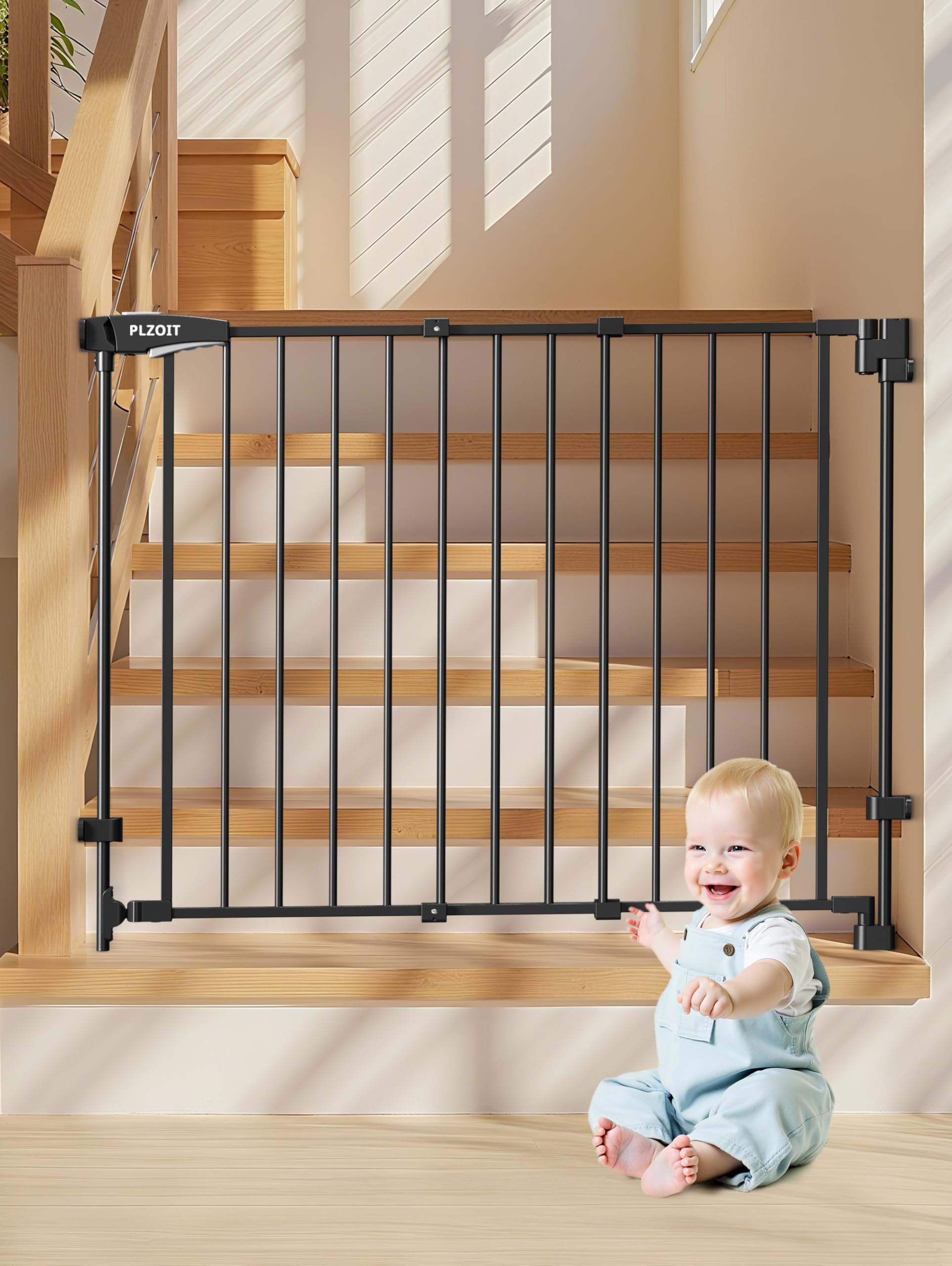 29.5-43 No Bottom Bar Baby Gate for Stairs, Auto Close Baby Gates for Doorways, Hardware Mounted, Dog/Pet Gate Indoor with Extra