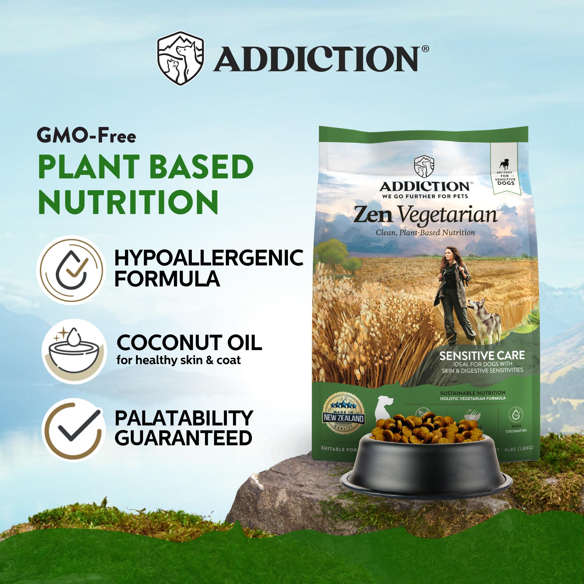Addiction Vegetarian Dry Dog Food - Plant-Based Protein for Sensitive Skin - 4lb (Pack of 2) - Ideal for Dogs with Meat Allergies