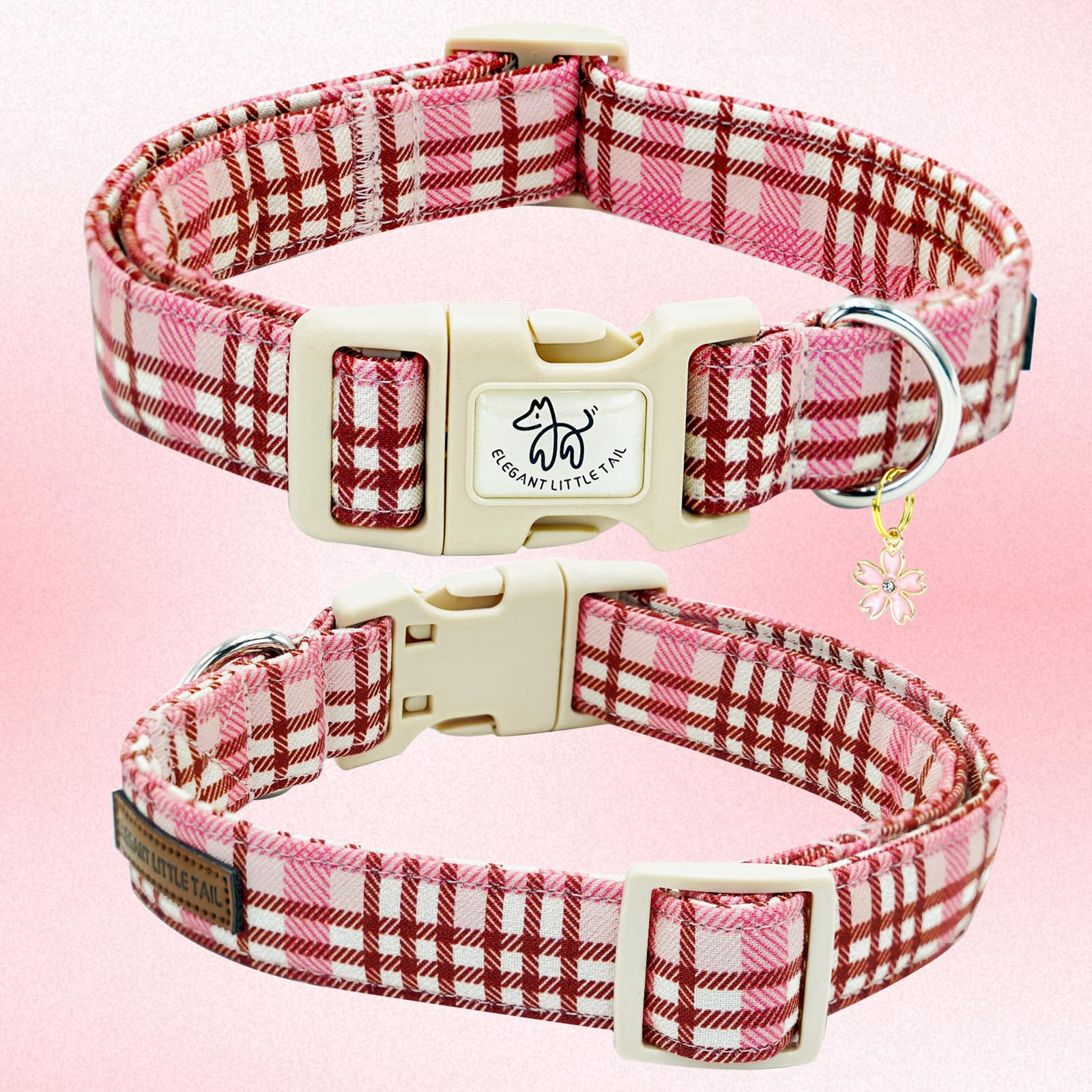 Elegant Little Tail Dog Collar- Cute Dog Pet Collars Pink Plaid Print Puppy Adjustable Soft Cotton Girl Boy Collars For Small Me