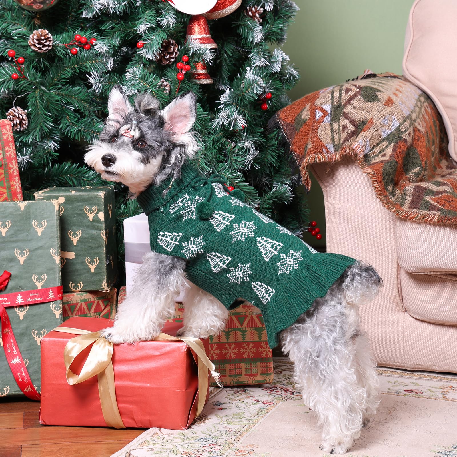 Cutebone Ugly Dog Christmas Sweater Dress Winter Knit Green Turtleneck Puppy Sweater With Craft Pom Pom Ball Pullover Ruffle Dre